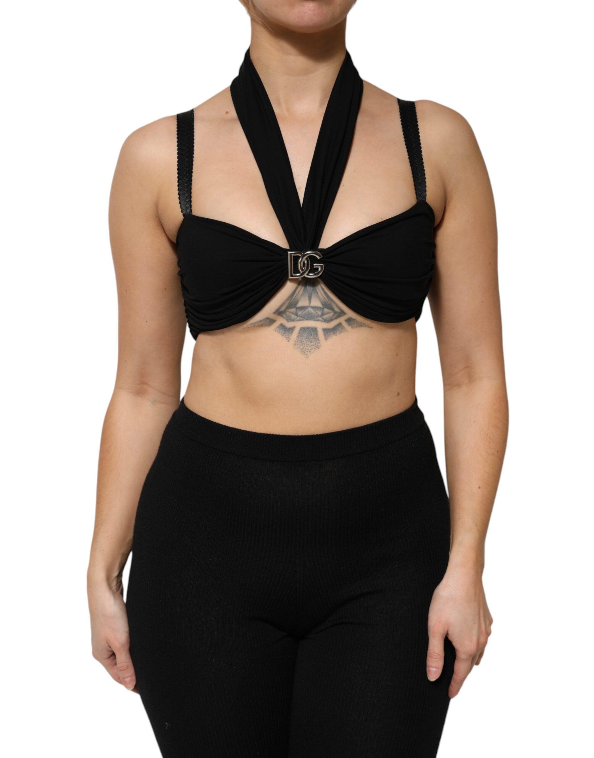 Black Cropped Viscose Halter Bustier Top - ventzia