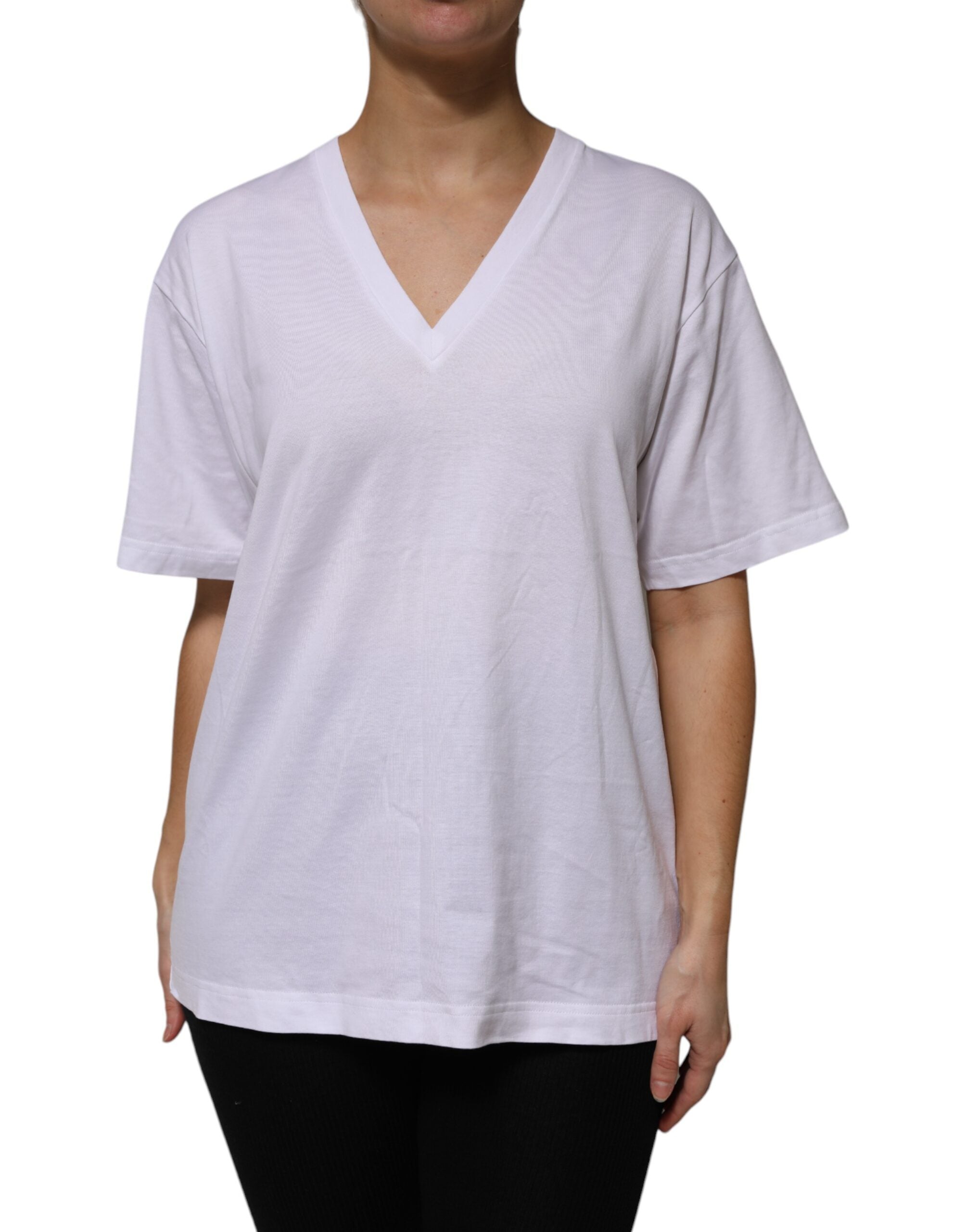 White Cotton Short Sleeves V-neck T-shirt - ventzia