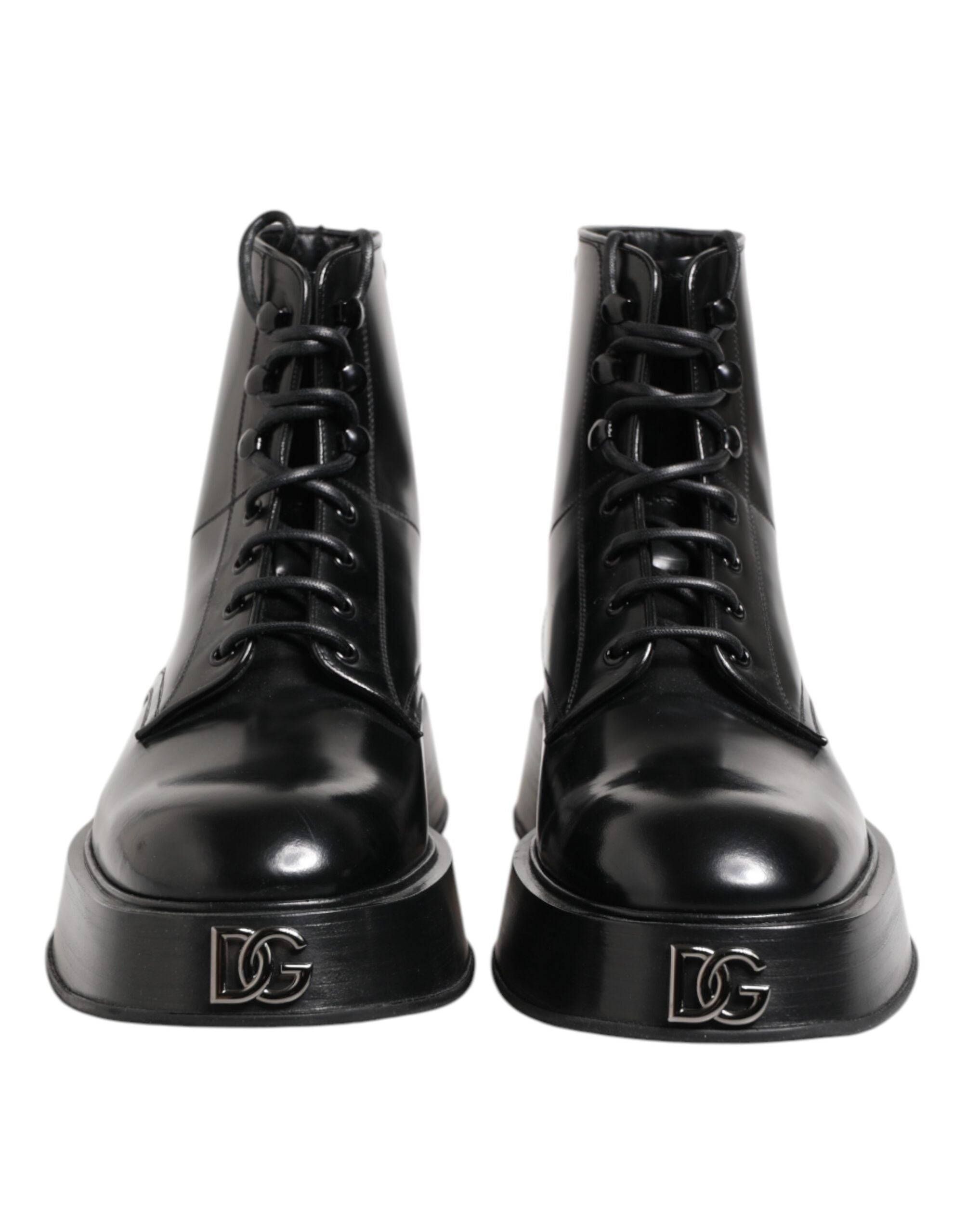Black Leather Logo Ankle Boots Lace Up Shoes - ventzia