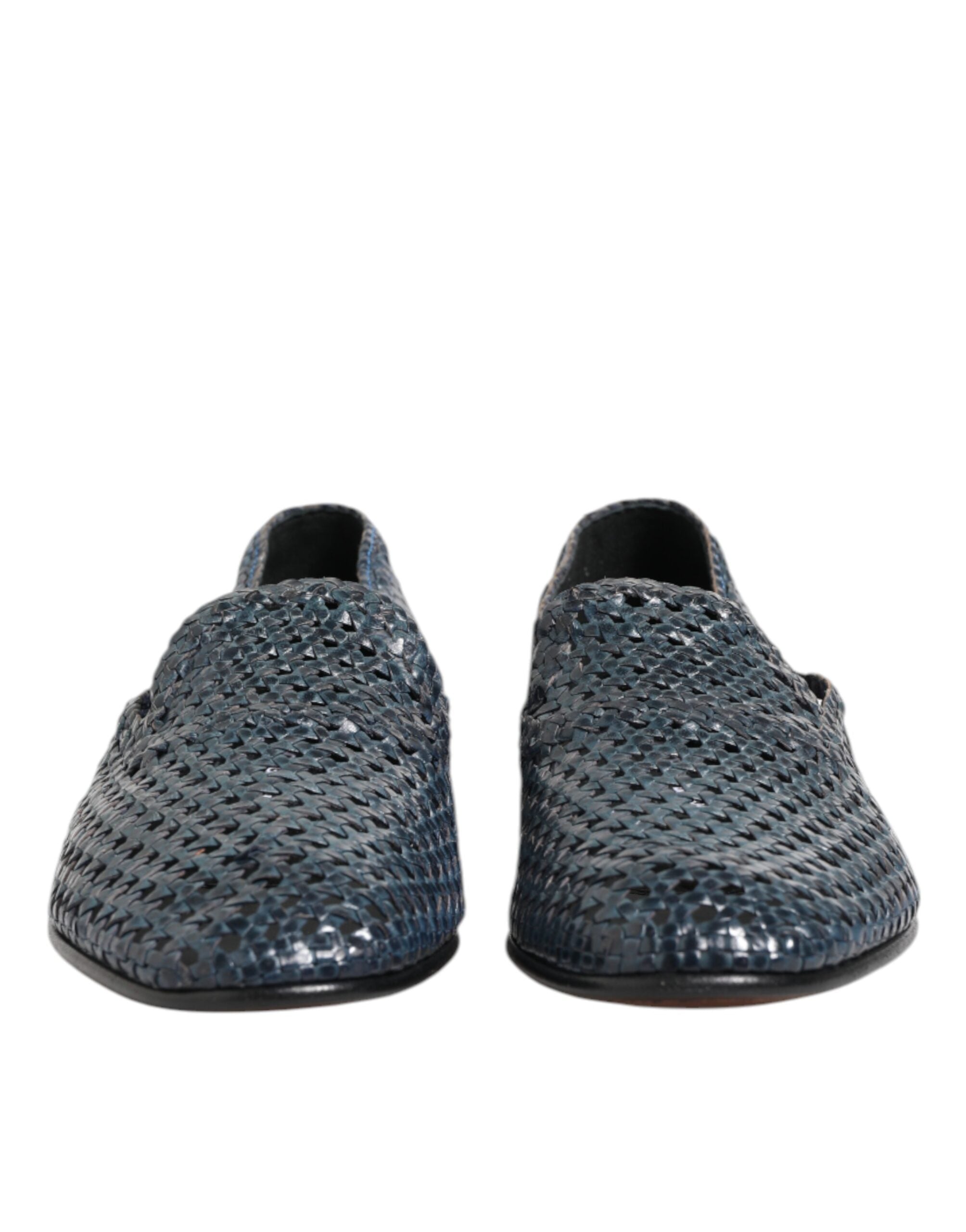 Blue Woven Leather Slip On Loafers Shoes - ventzia