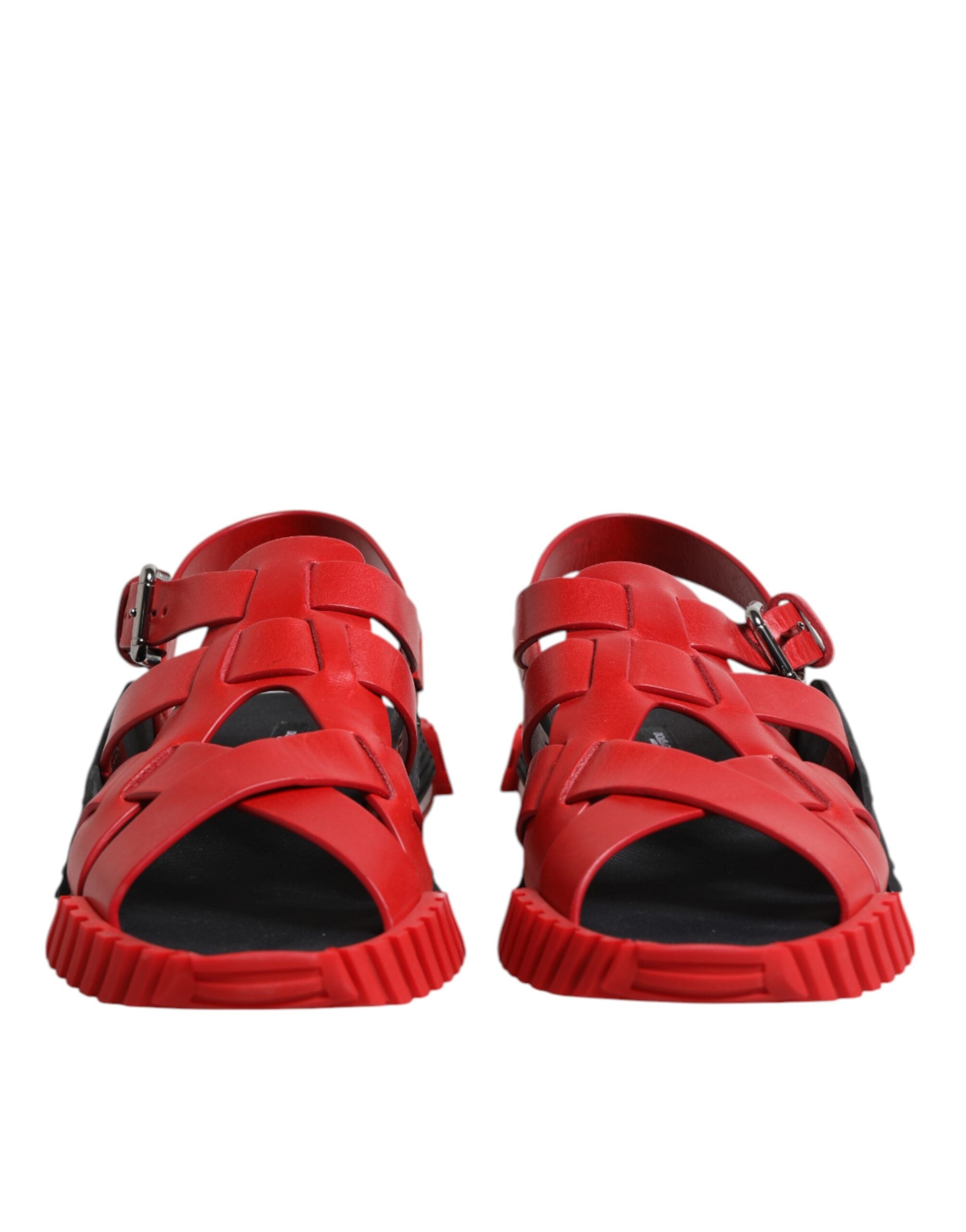 Red Black Leather Ankle Strap Sandals Shoes - ventzia