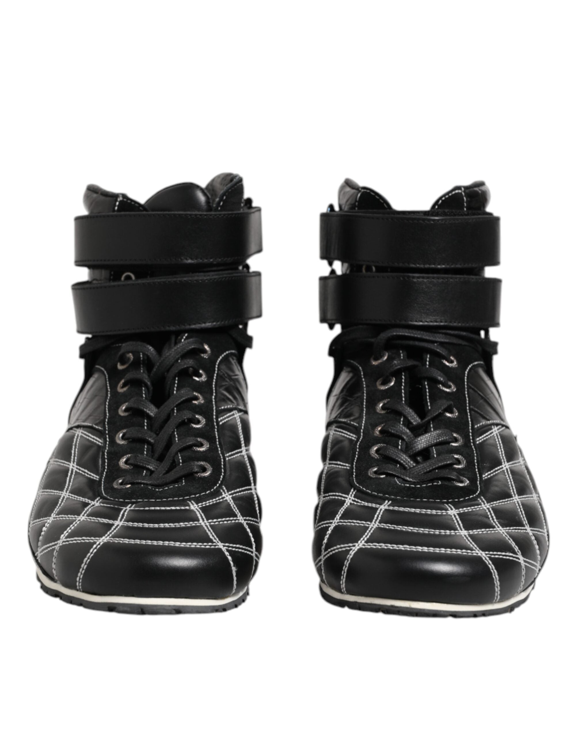 Black Quilted Leather Lace Up Sneakers Shoes - ventzia