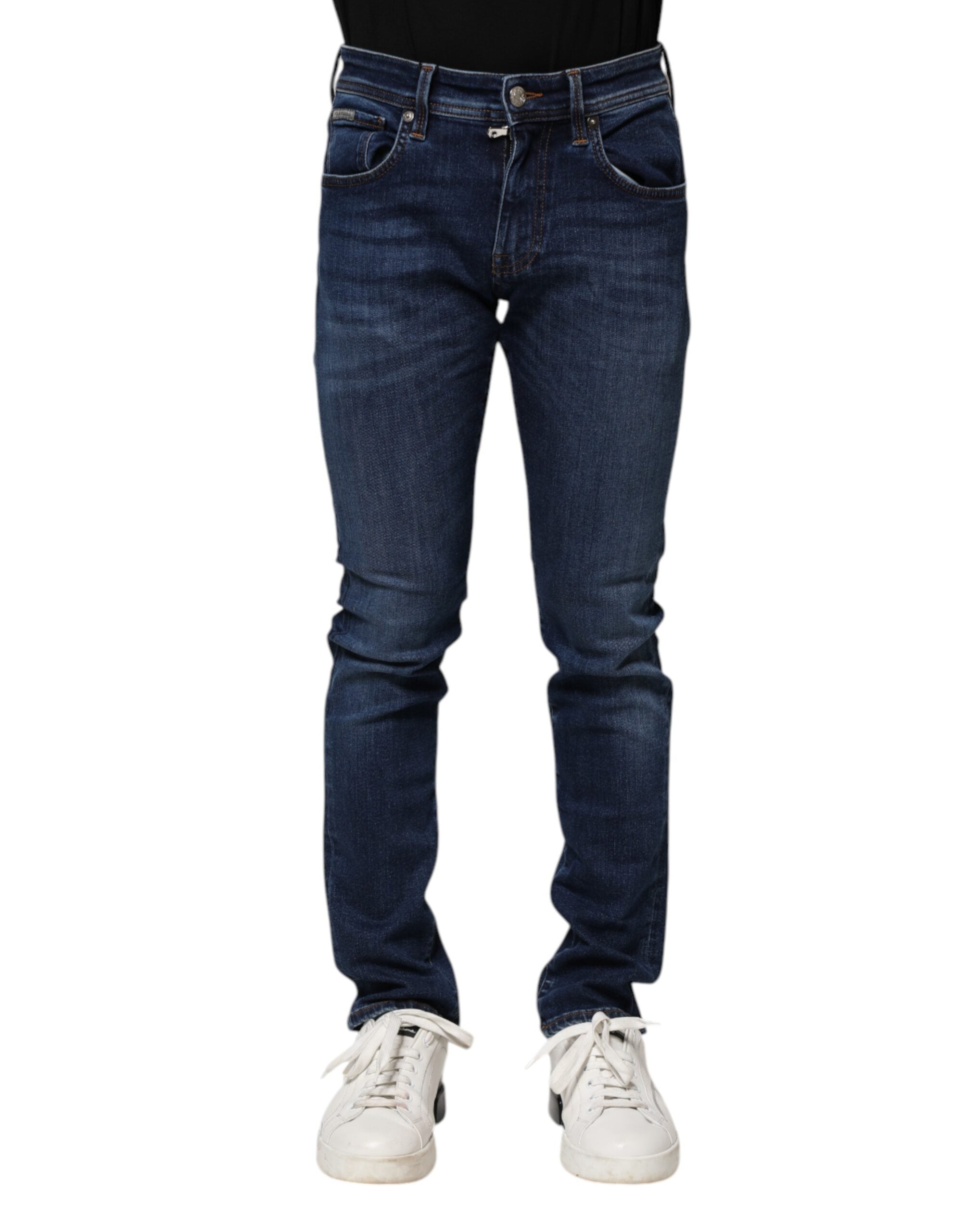 Dark Blue Cotton Skinny Denim Jeans - ventzia
