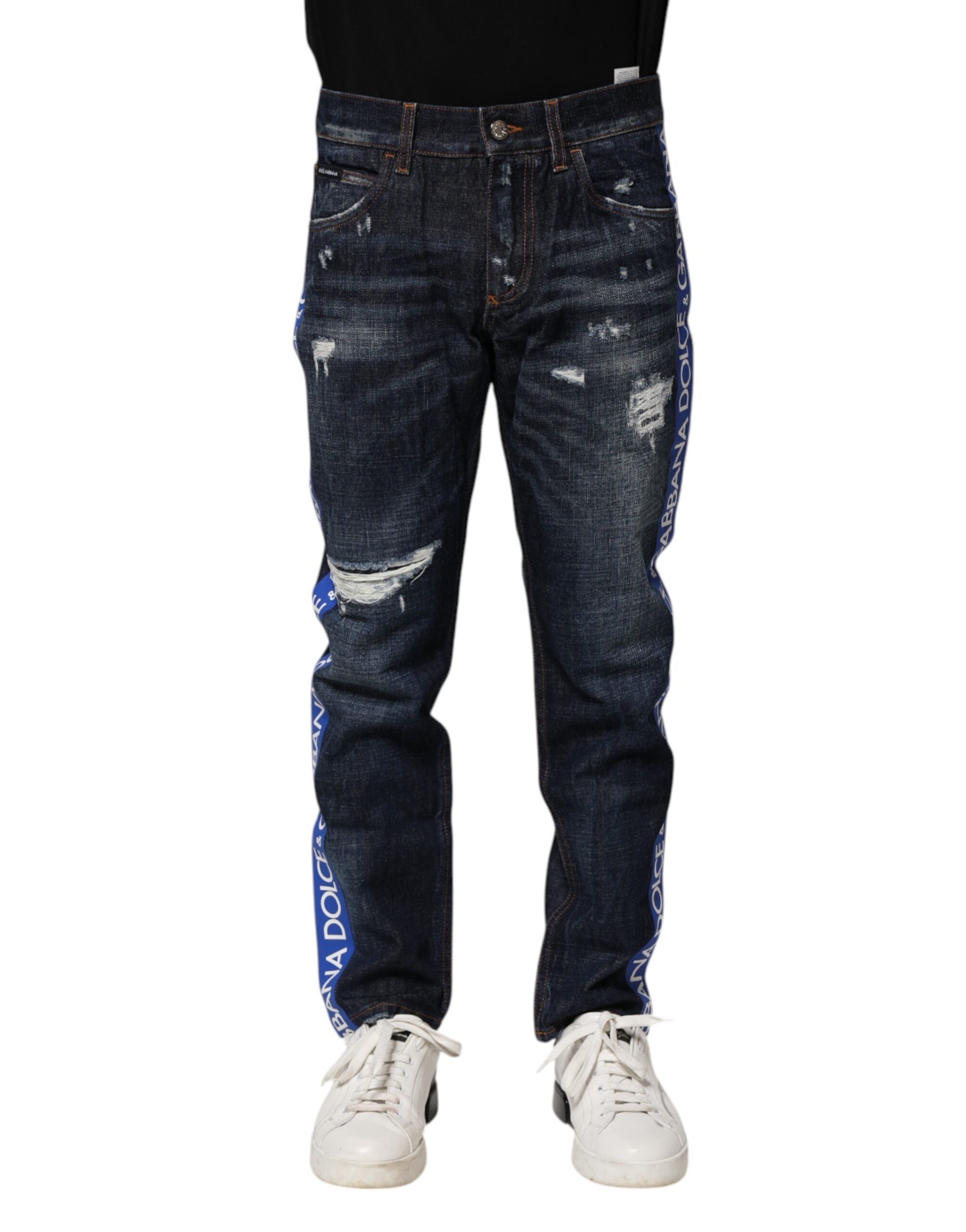 Dark Blue Tattered Skinny Denim Jeans - ventzia