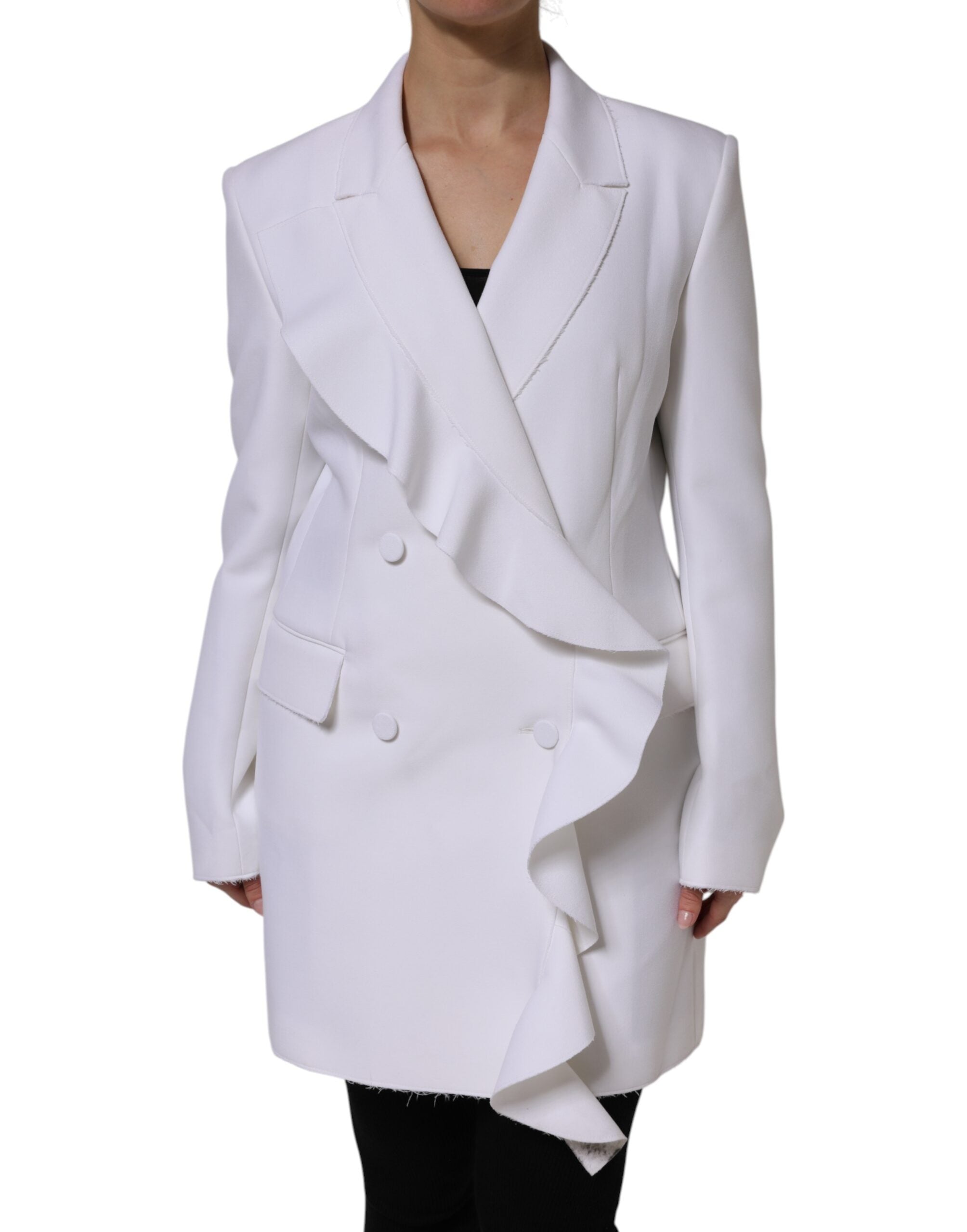 White Polyester Long Sleeves Ruffled Wrap Jacket - ventzia