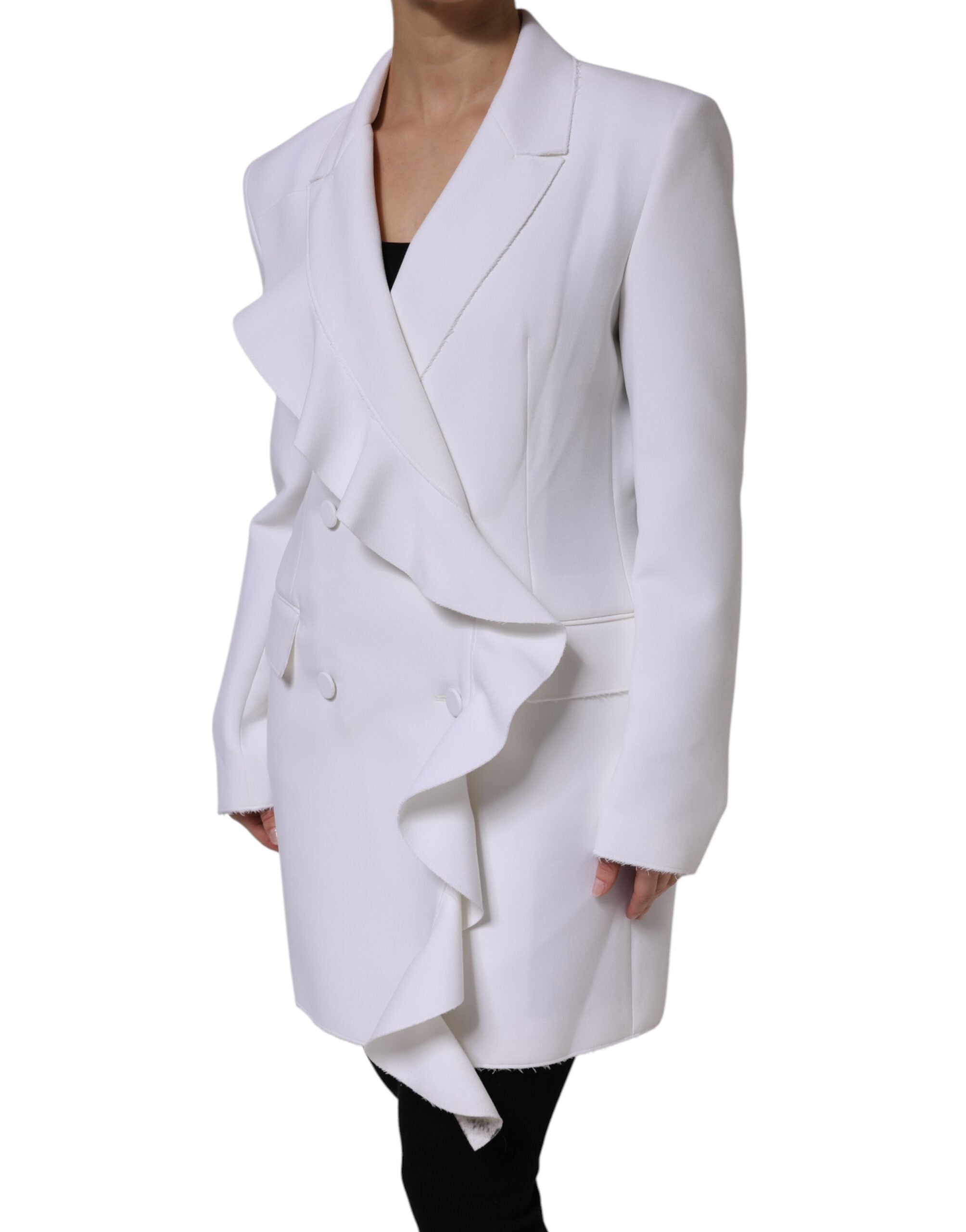 White Polyester Long Sleeves Ruffled Wrap Jacket - ventzia