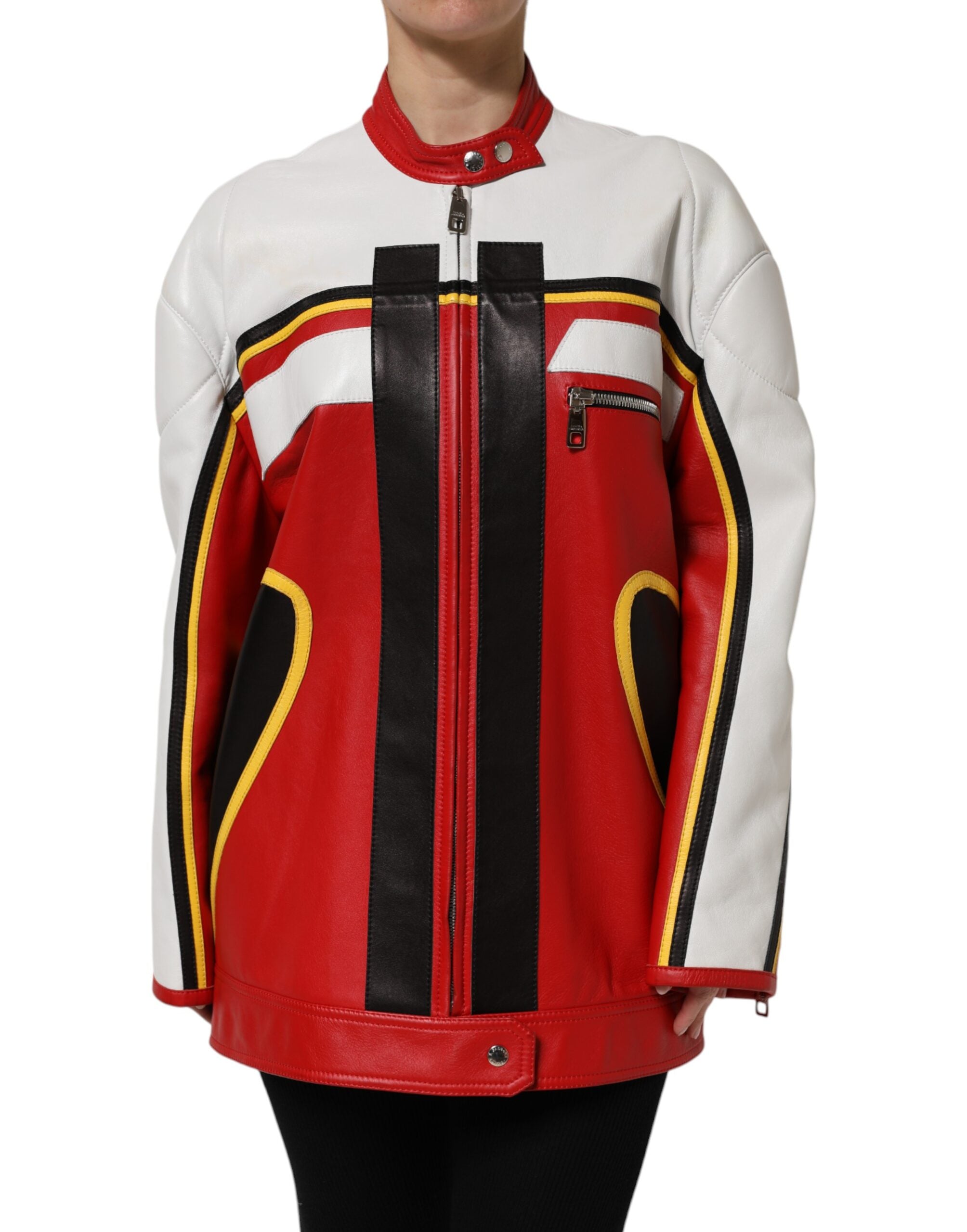 Multicolor Leather Biker Full Zip Coat Jacket - ventzia