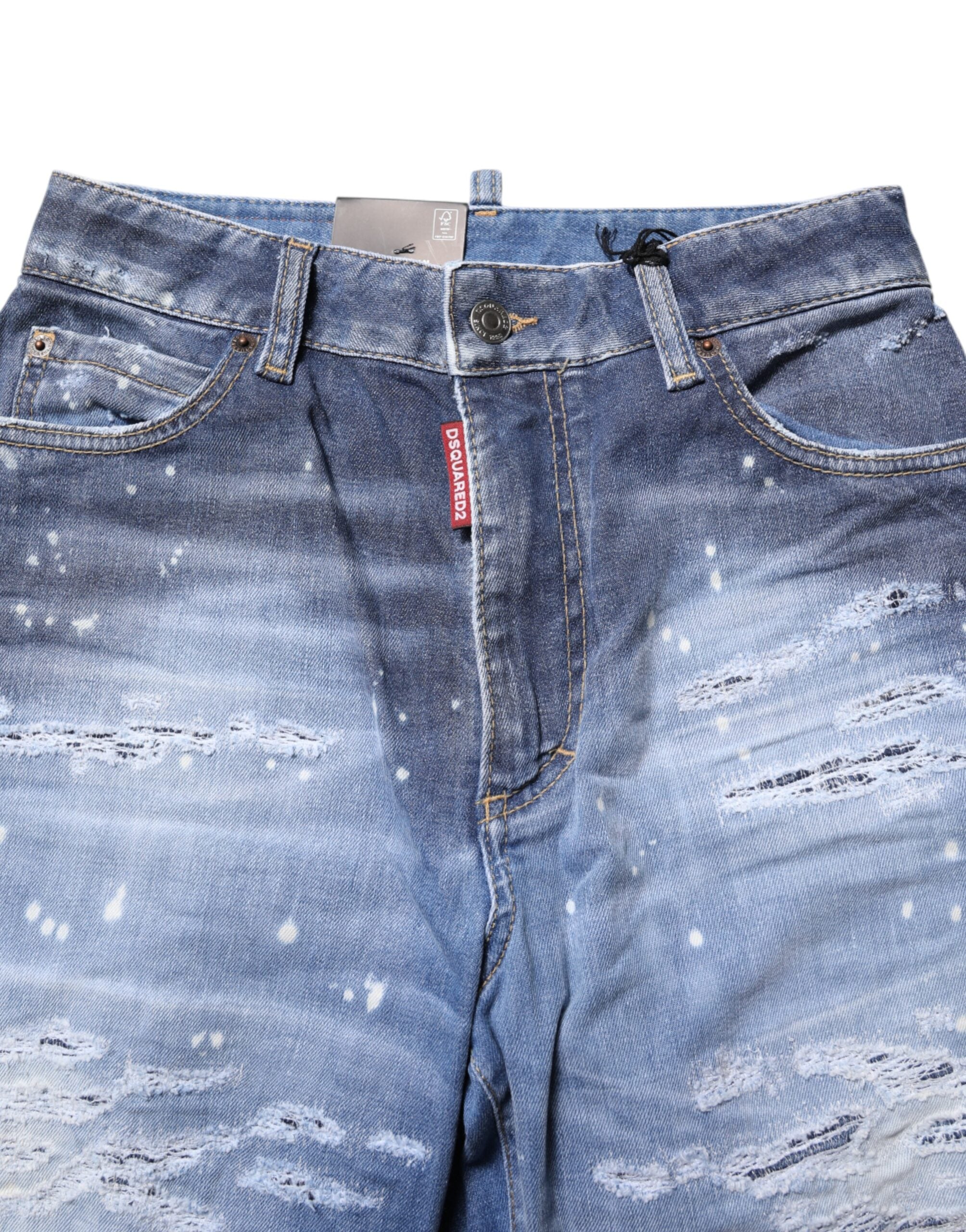 Blue Tattered Cotton Mid Waist Straight Denim Jeans - ventzia