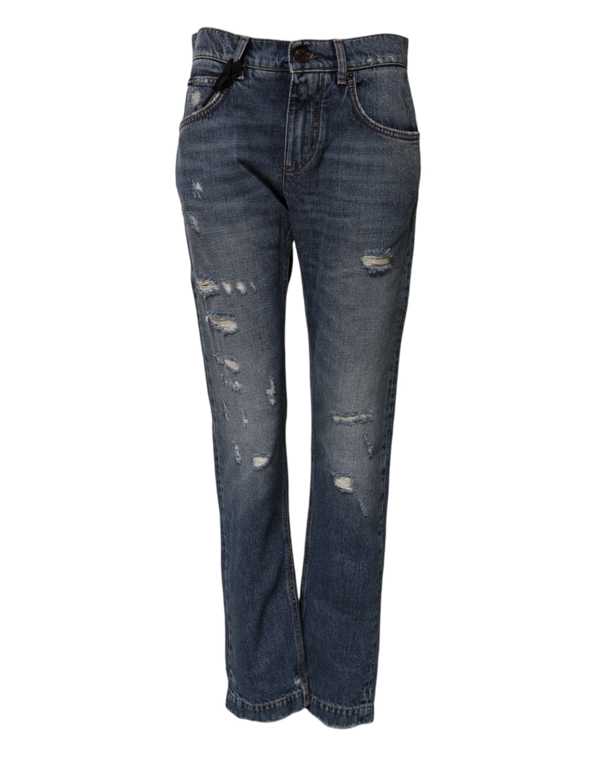 Blue Cotton Tattered Boyfriend Denim Jeans - ventzia