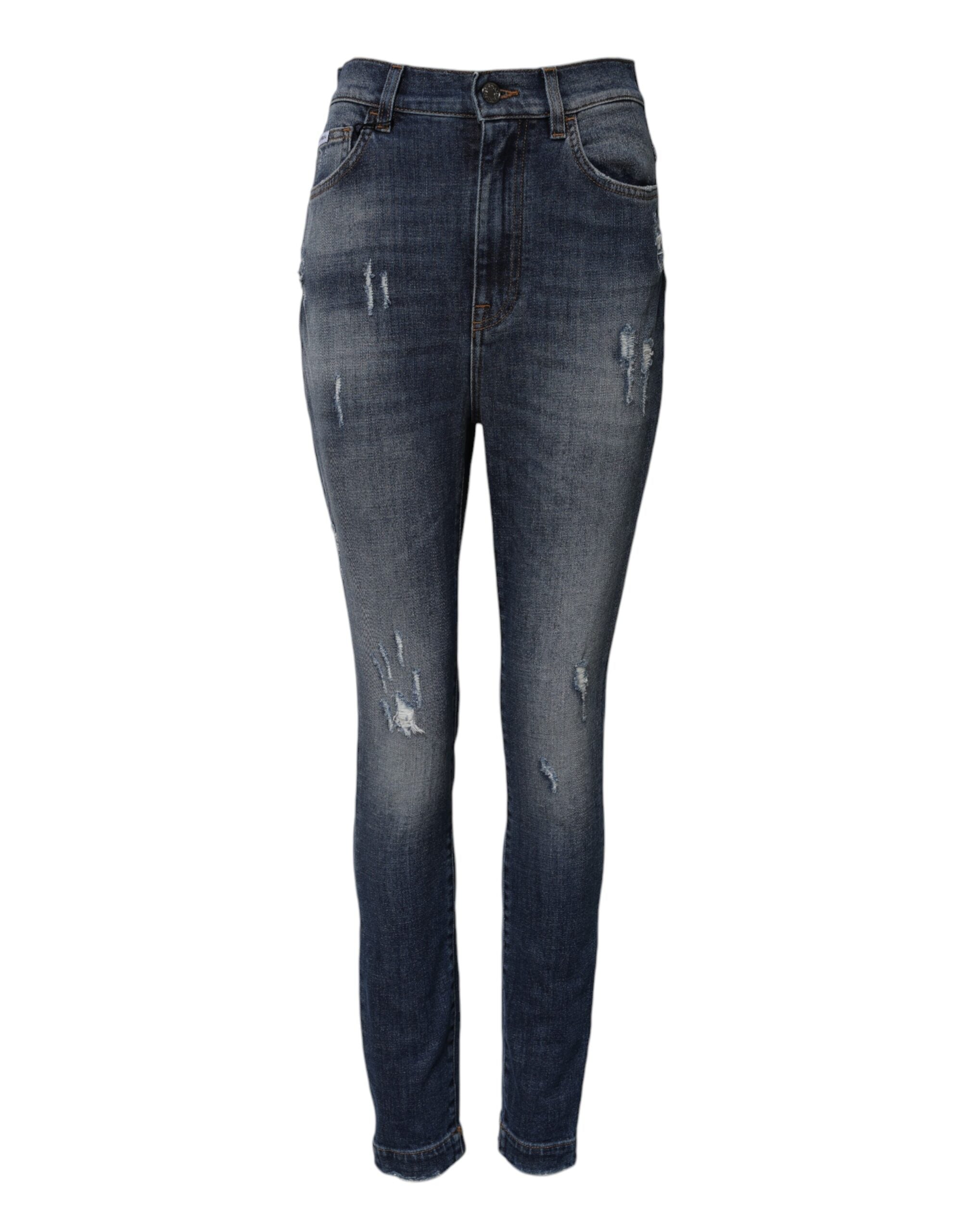 Blue Washed Cotton High Waisted Denim Jeans - ventzia