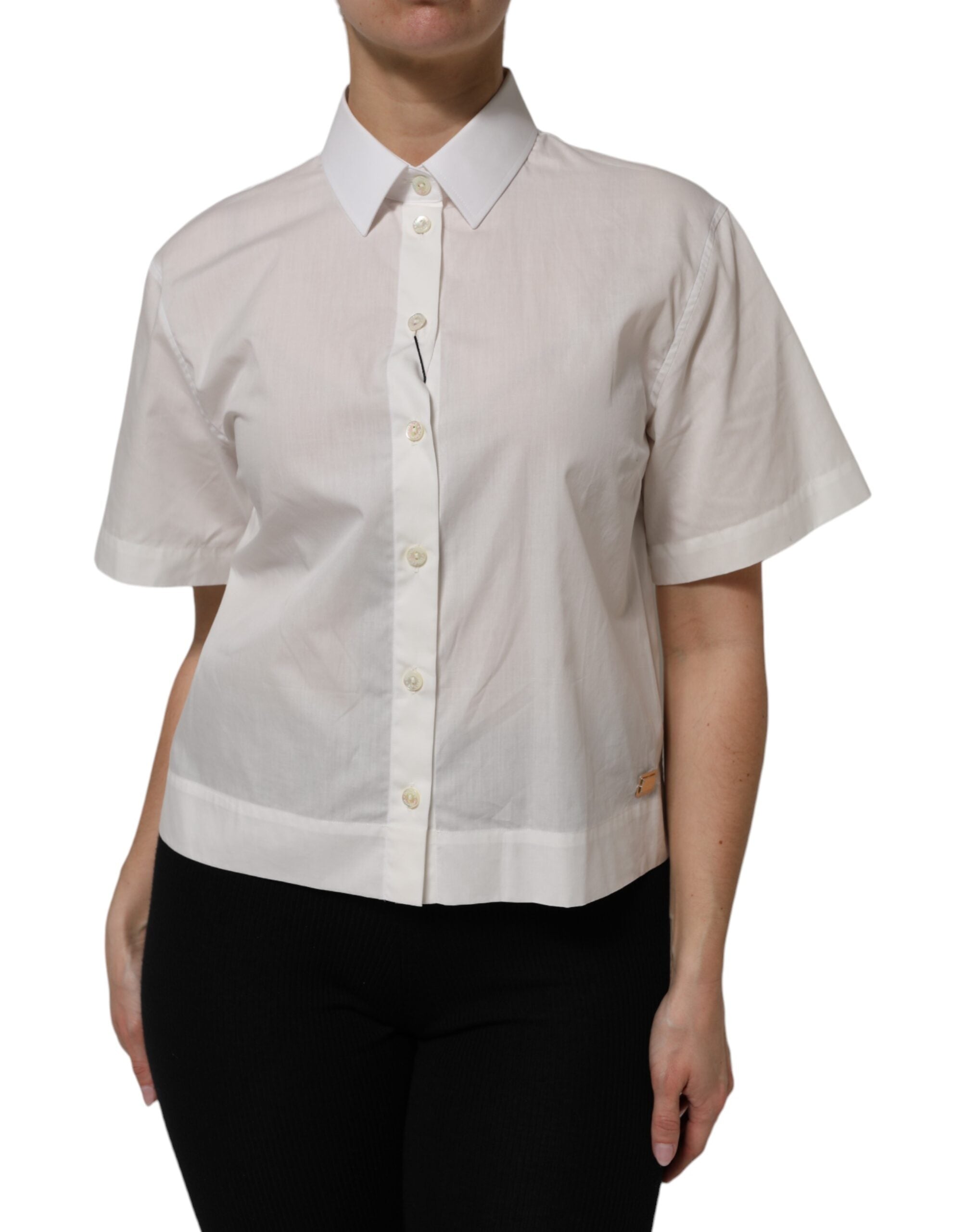 White Cotton Short Sleeves Collared Top Shirt - ventzia