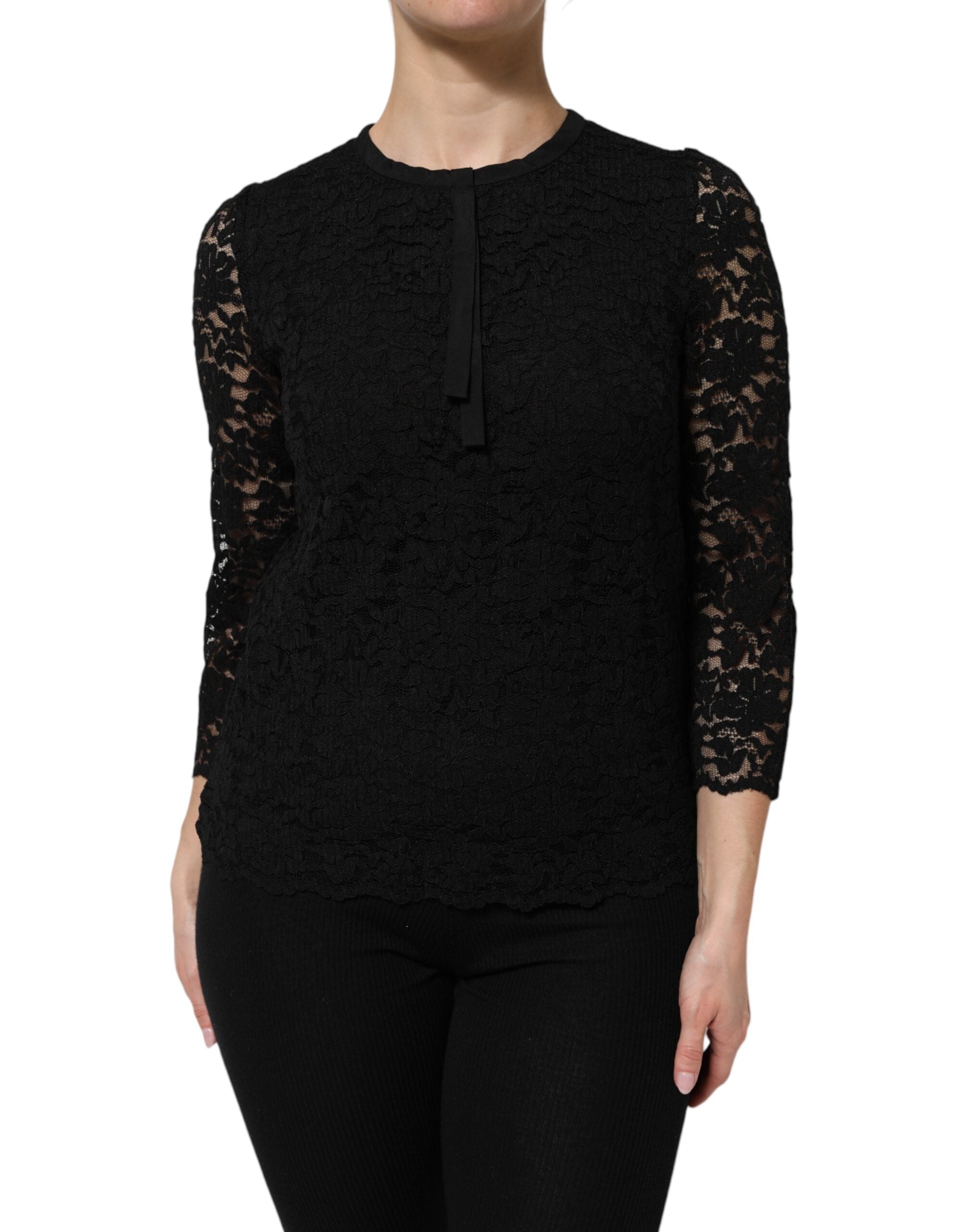 Black Nylon Lace Long Sleeve Blouse Top - ventzia