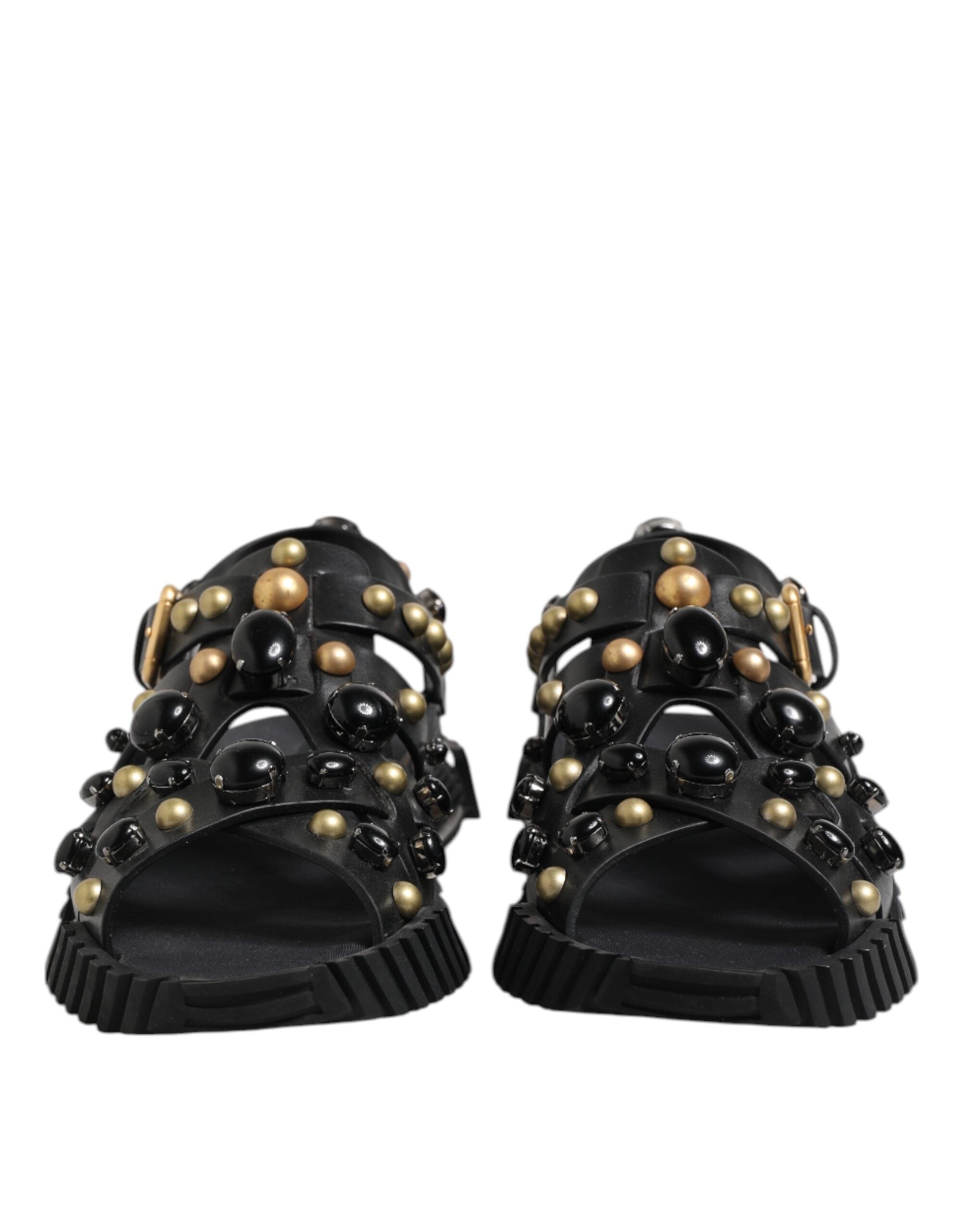 Black Leather Studded Ankle Strap Sandals Shoes - ventzia