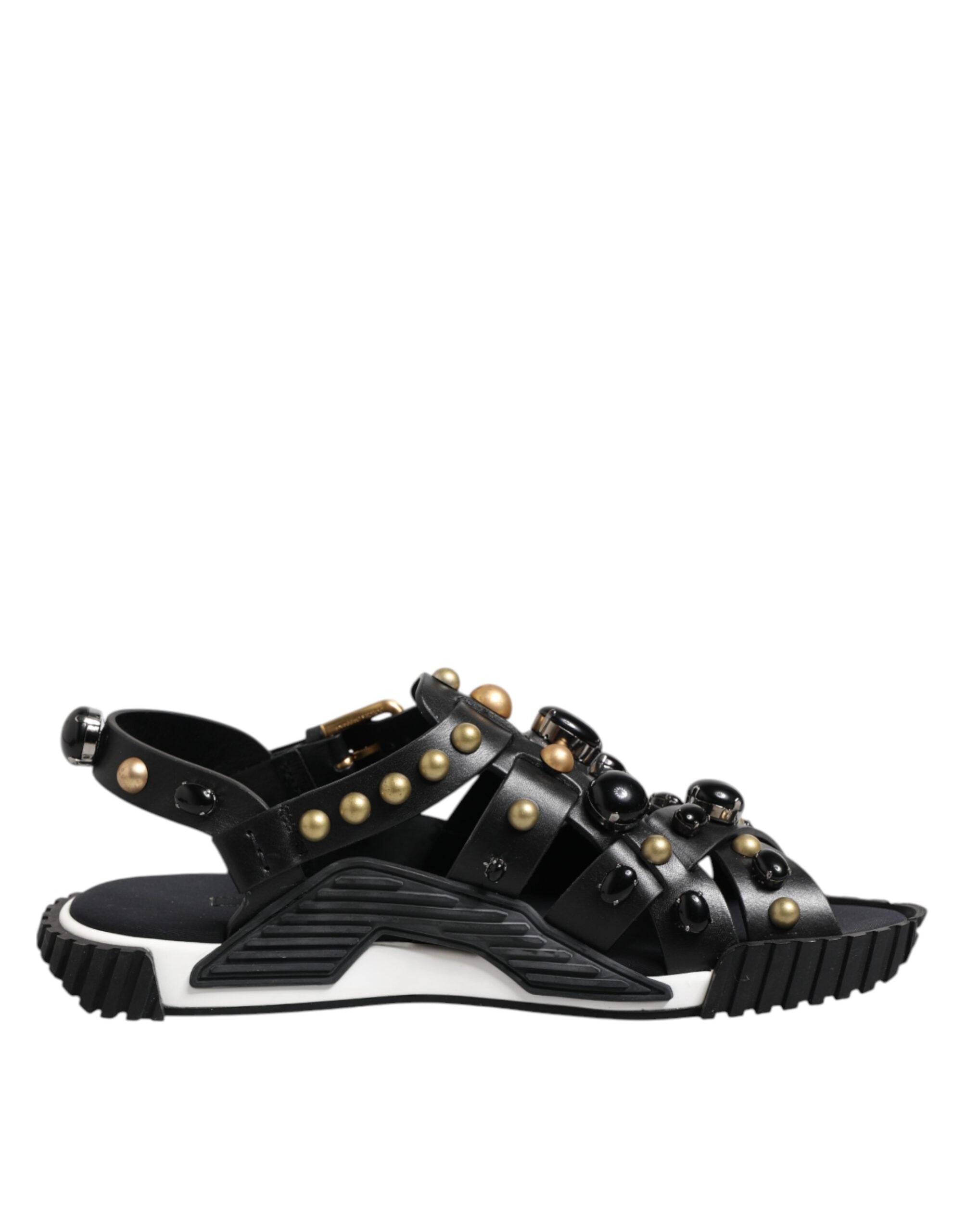 Black Leather Studded Ankle Strap Sandals Shoes - ventzia
