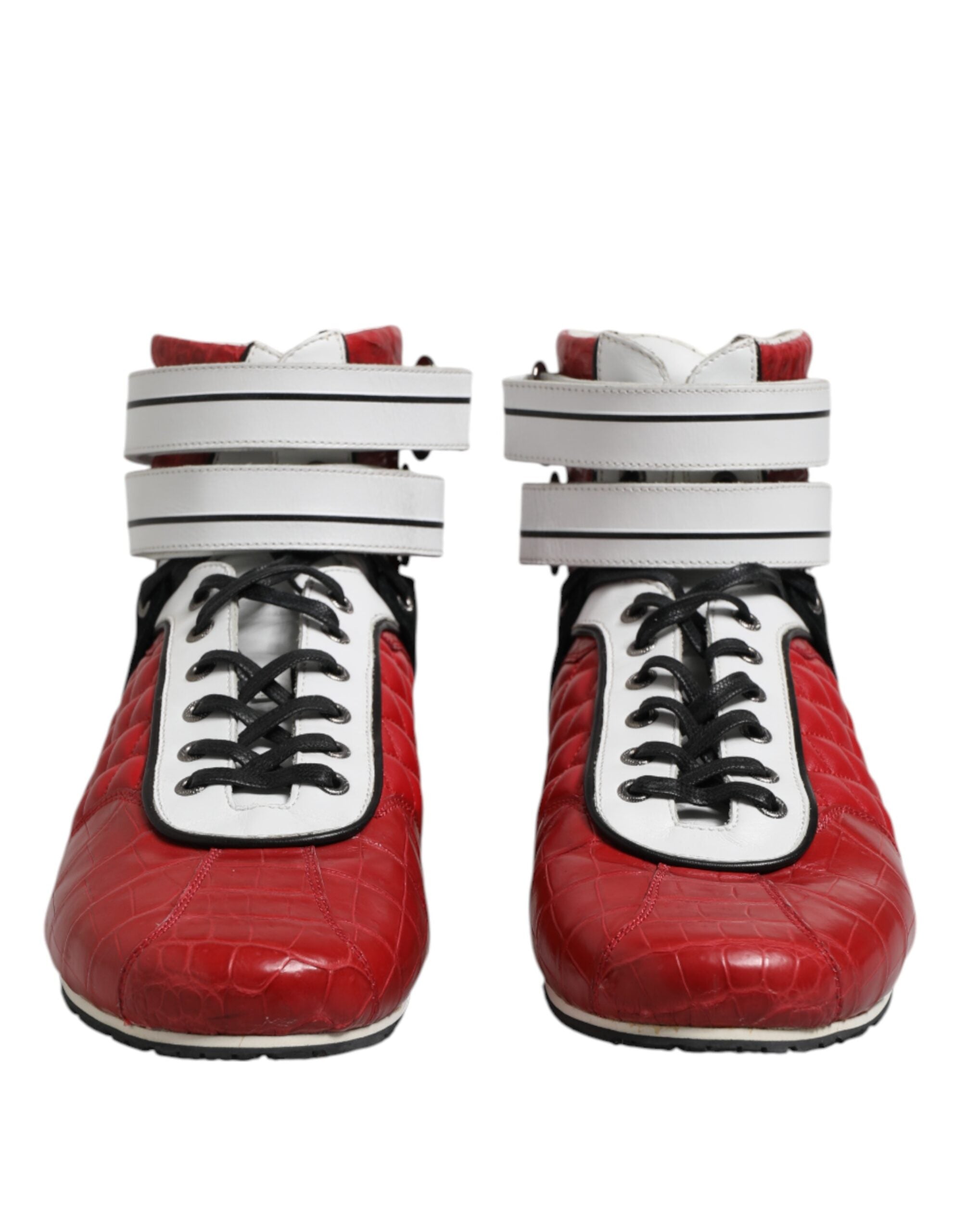 Red Quilted Leather Lace Up Sneakers Shoes - ventzia