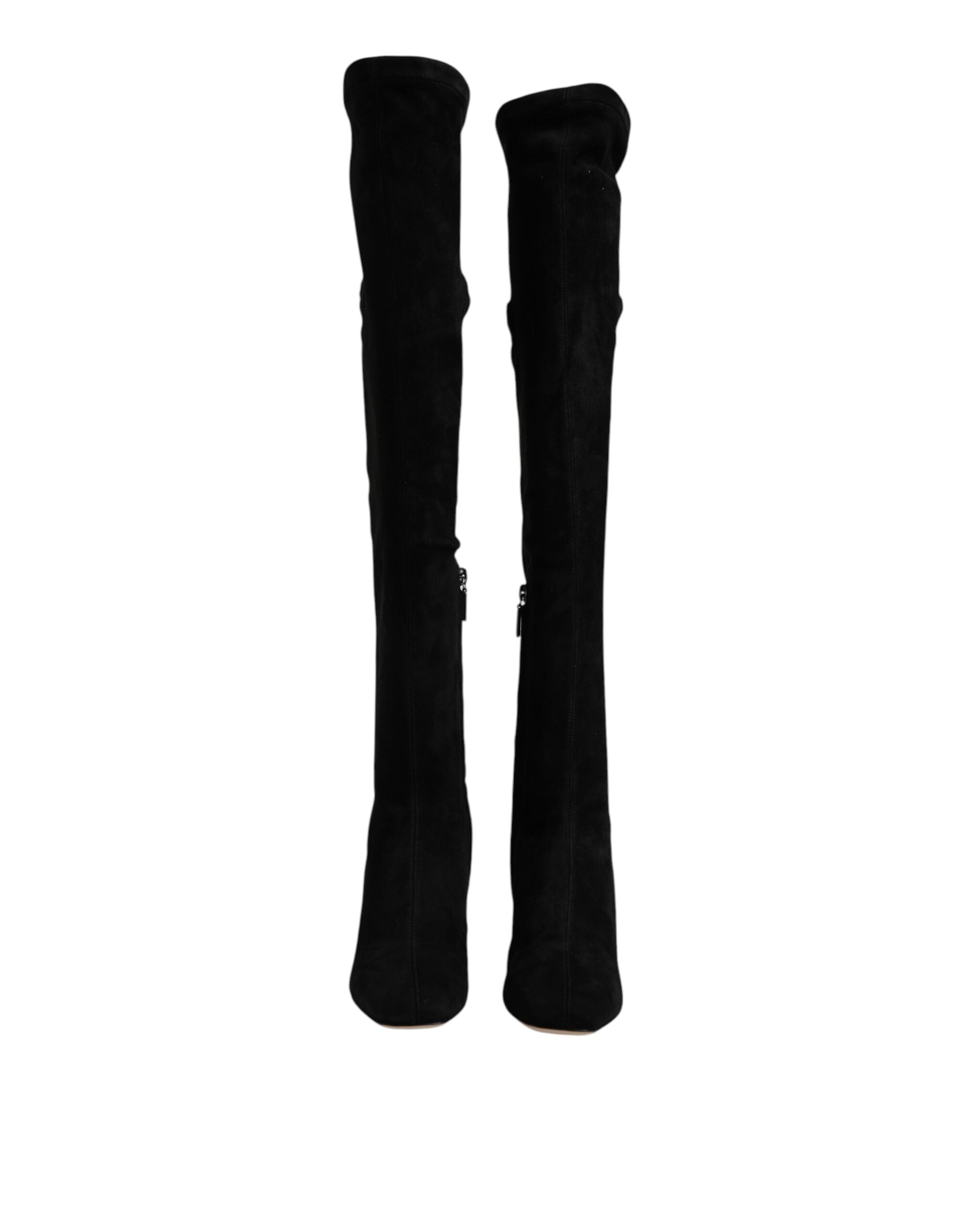 Black Suede Leather Knee High Boots Shoes - ventzia