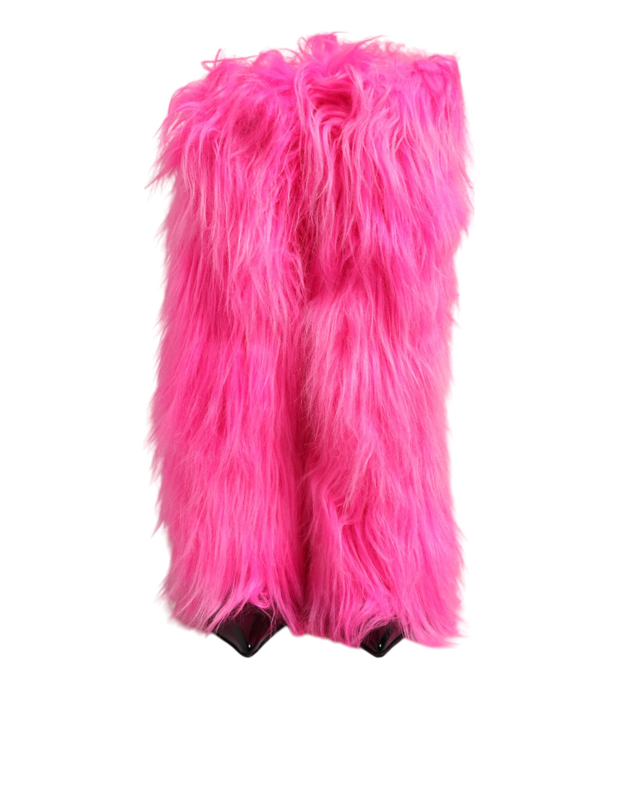 Pink Faux Fur Leather High Heels Boots Shoes - ventzia