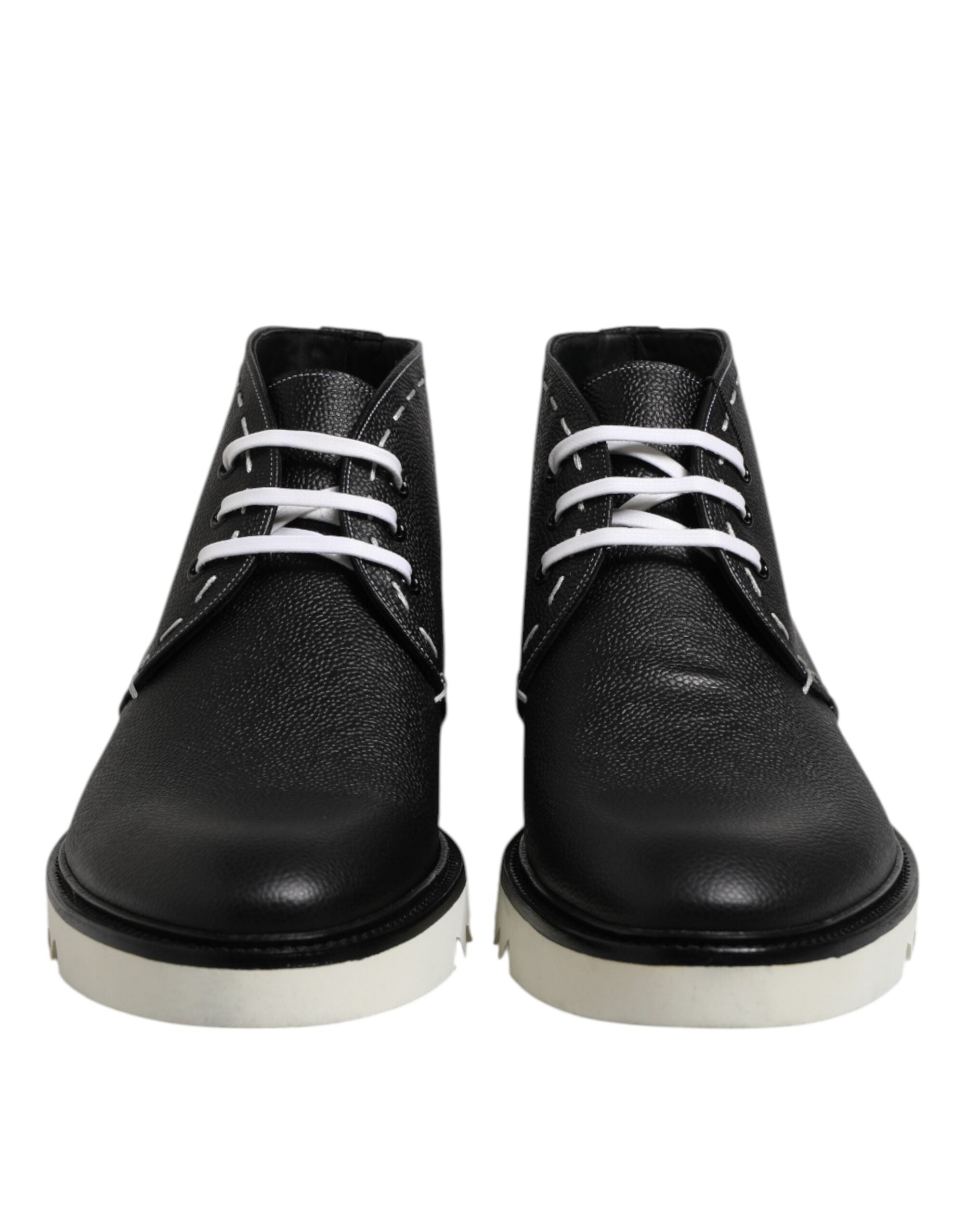 Black White Leather Ankle Boots Shoes - ventzia