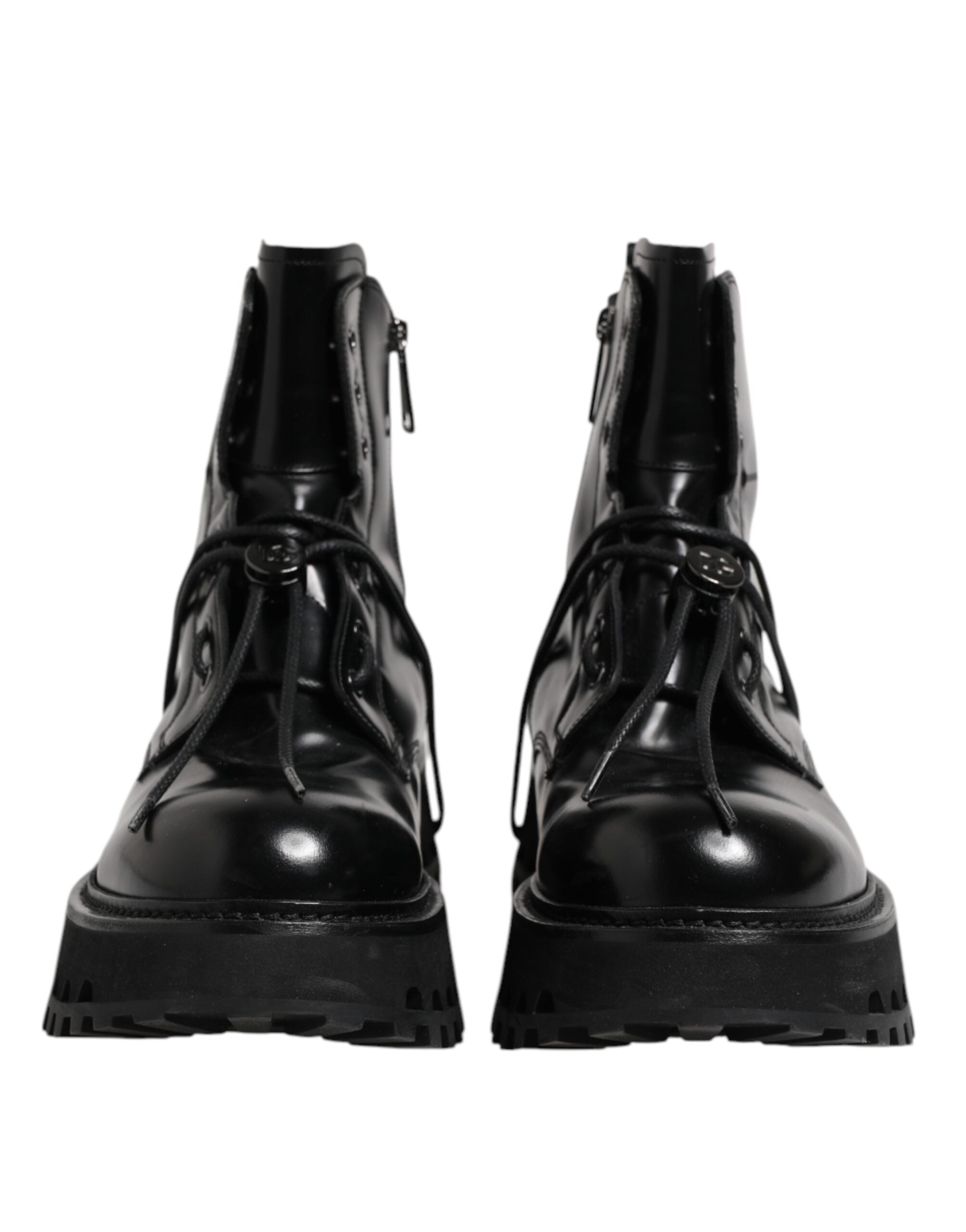 Black Leather Logo Ankle Boots Lace Up Shoes - ventzia