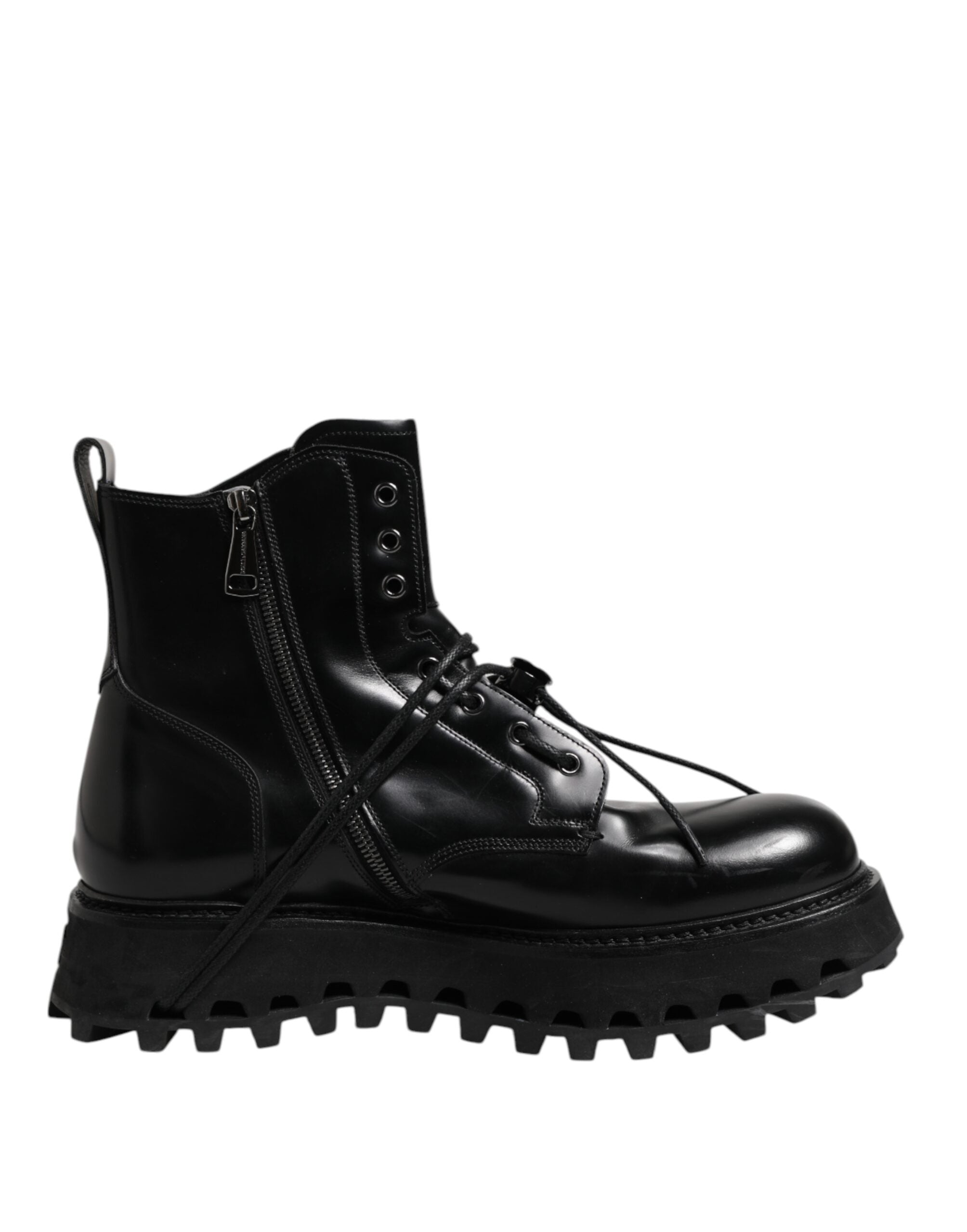 Black Leather Logo Ankle Boots Lace Up Shoes - ventzia
