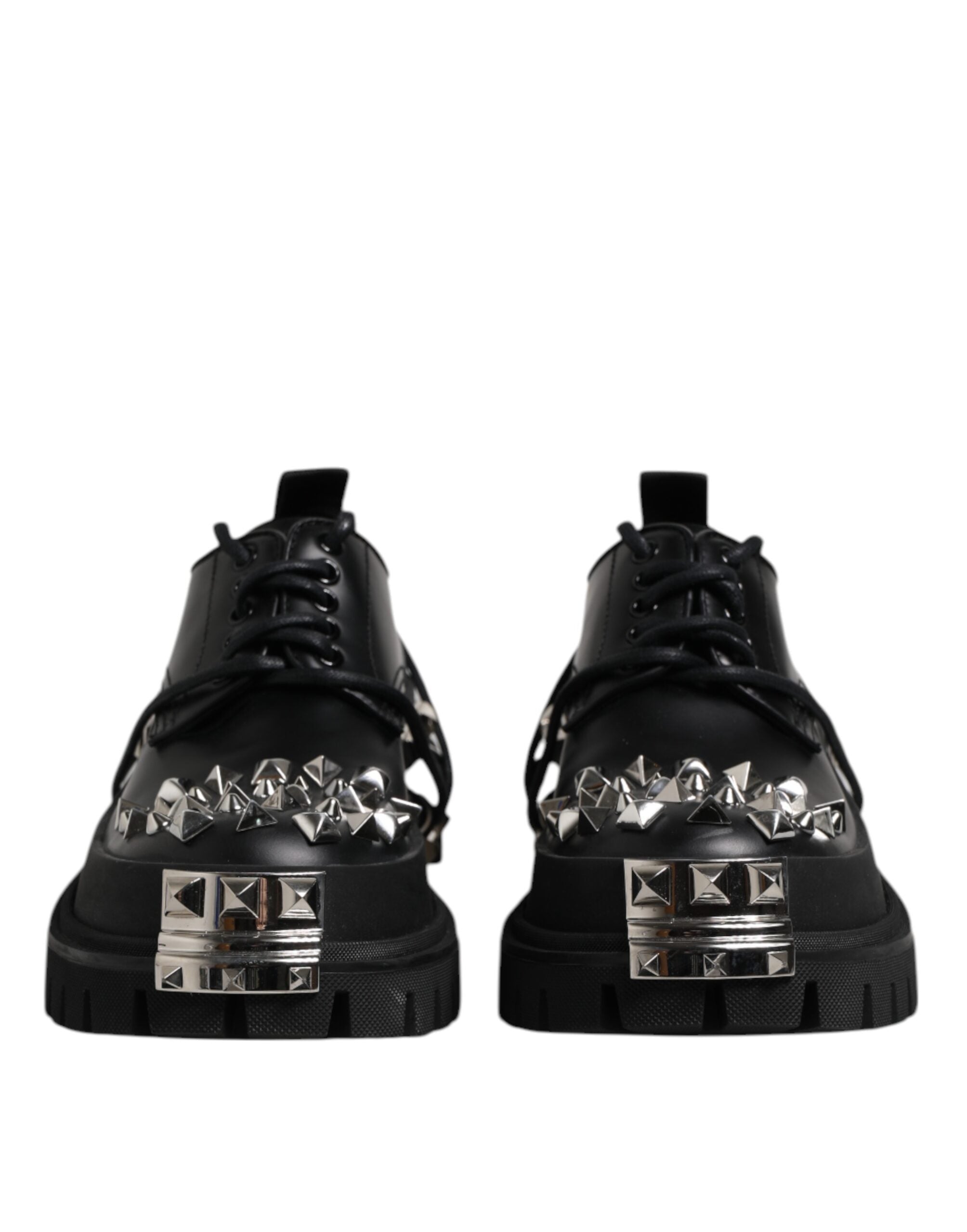 Black Leather Embellished Trekking Derby Shoes - ventzia