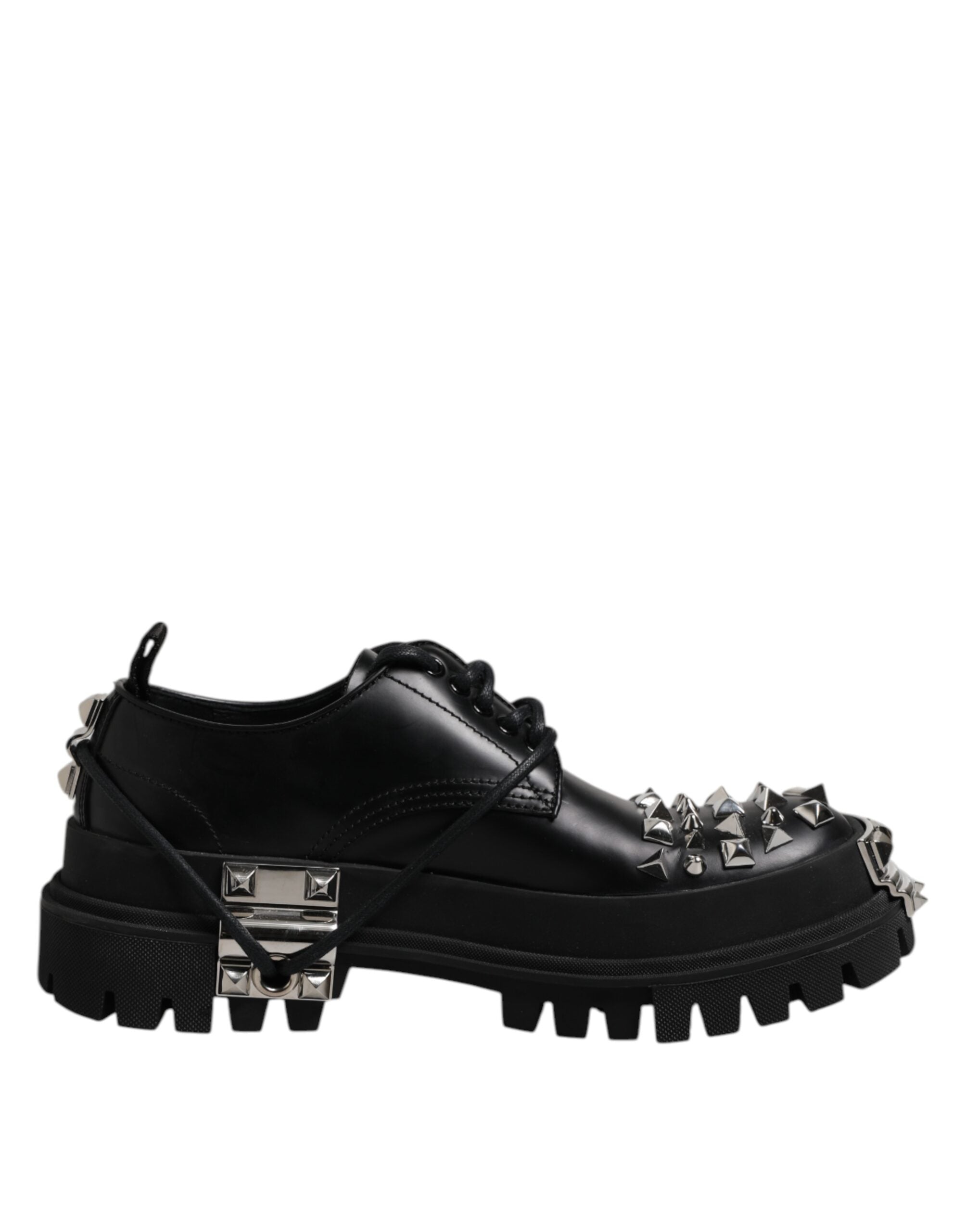 Black Leather Embellished Trekking Derby Shoes - ventzia