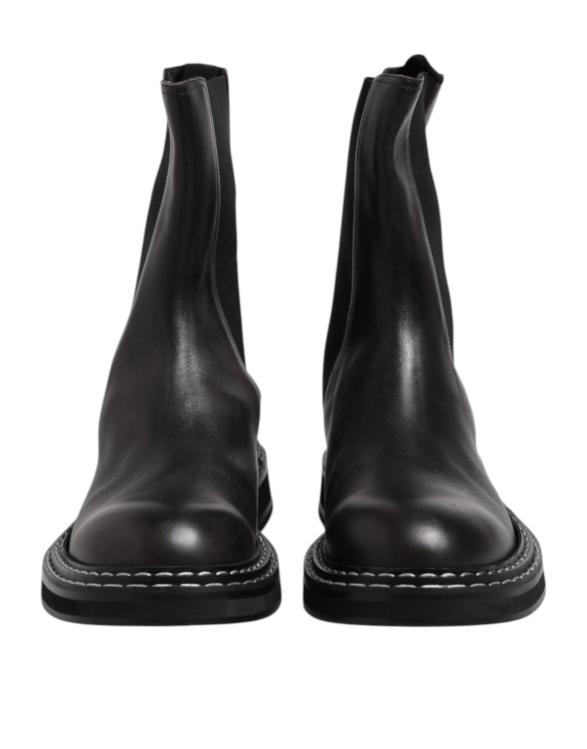 Black Leather Mid Calf Boots Flats Shoes - ventzia