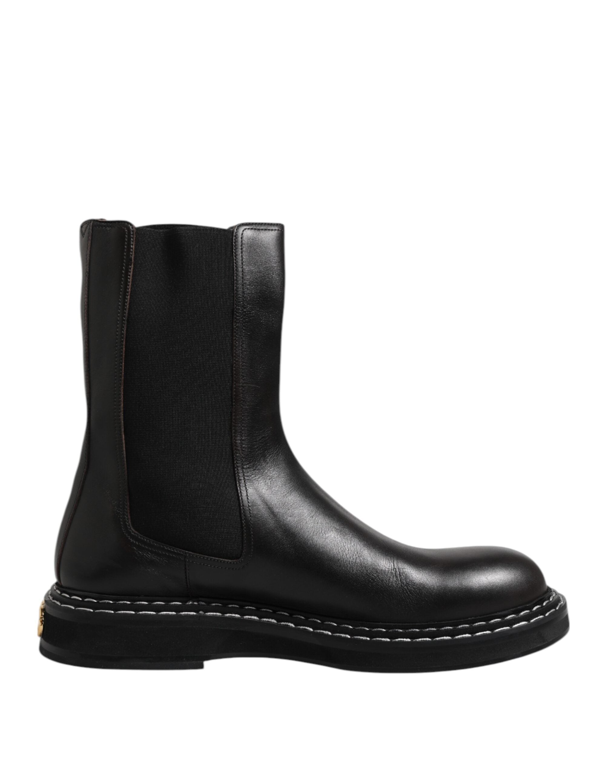 Black Leather Mid Calf Boots Flats Shoes - ventzia