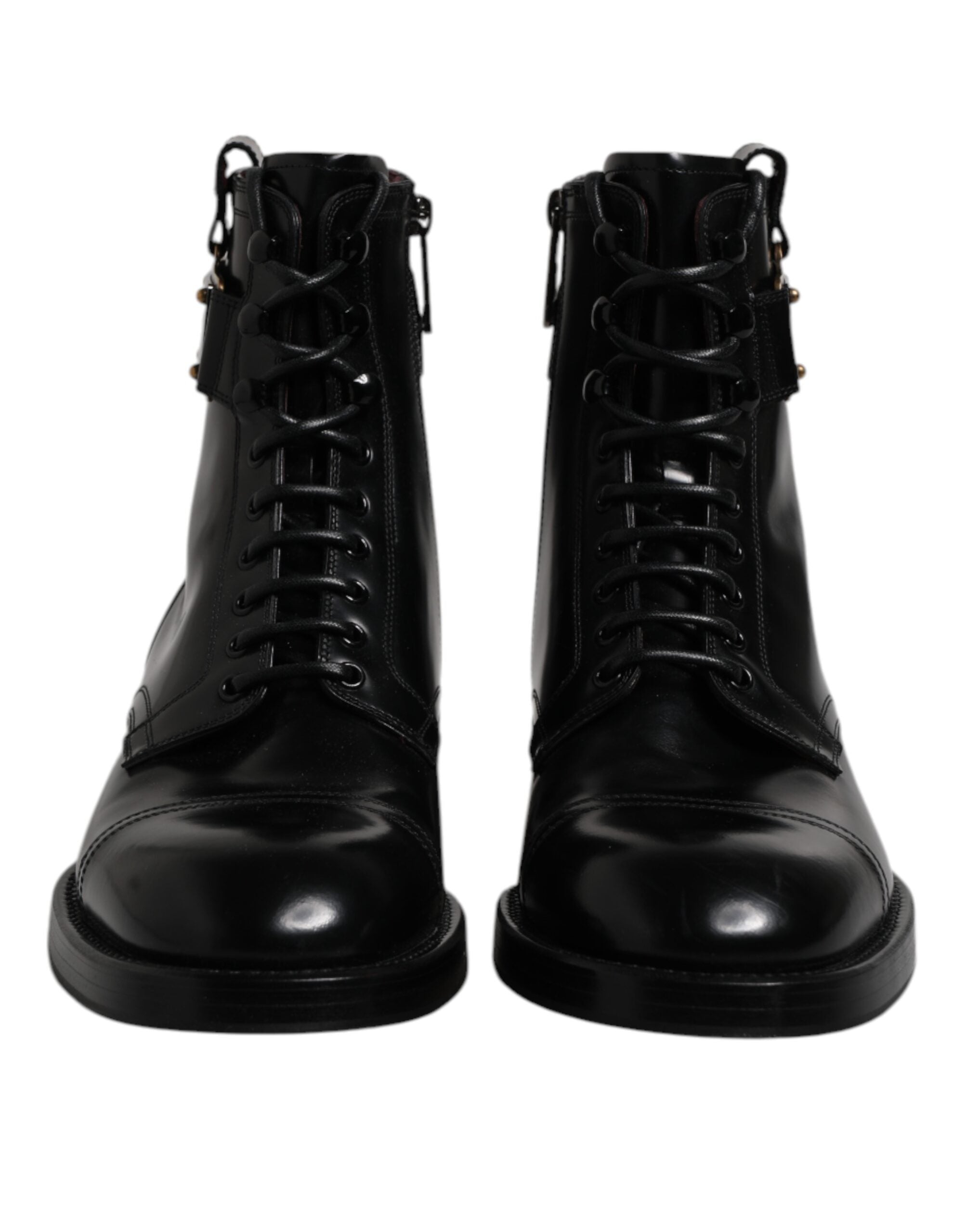 Black Leather Mid Calf Boots Lace Up Shoes - ventzia