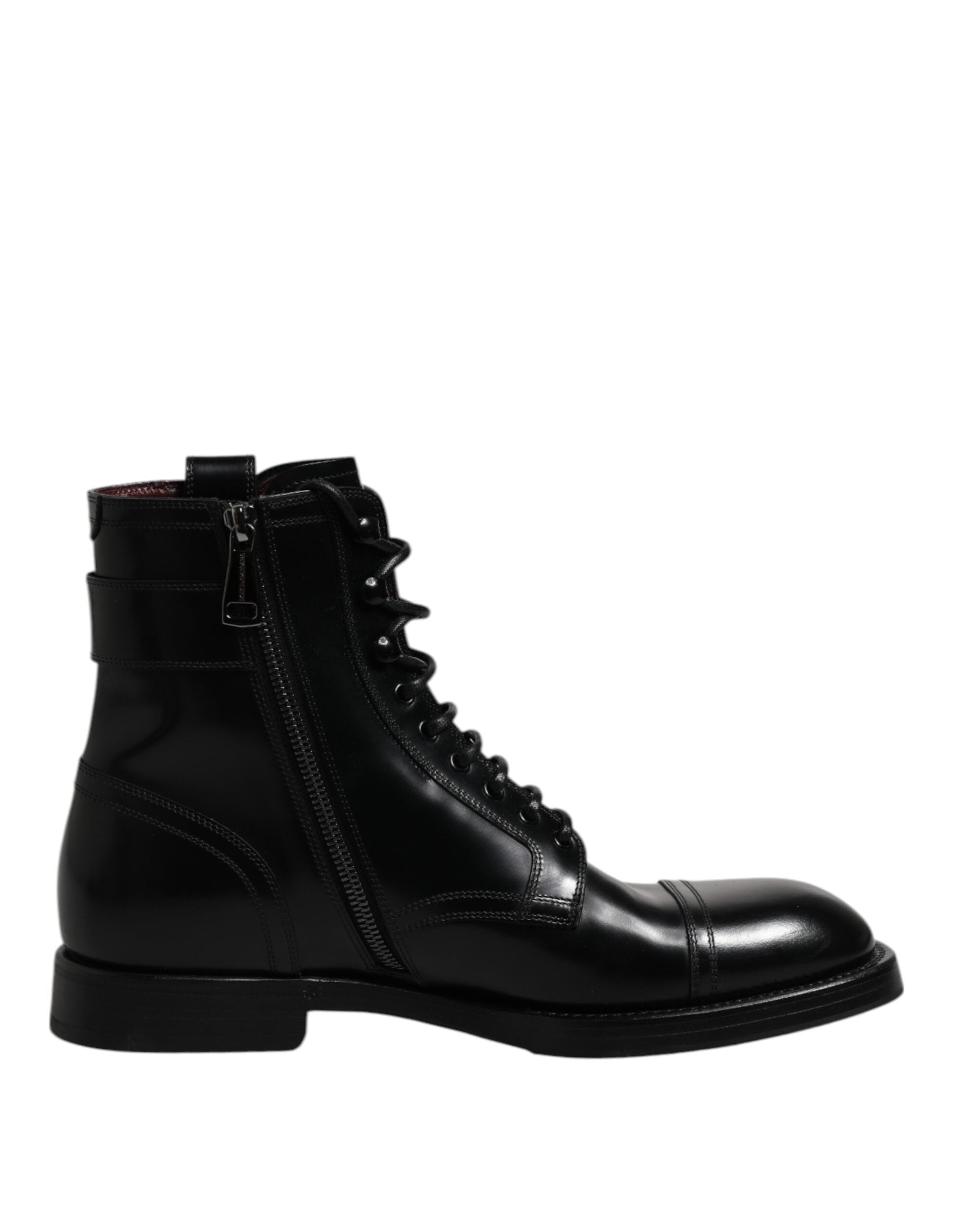 Black Leather Mid Calf Boots Lace Up Shoes - ventzia