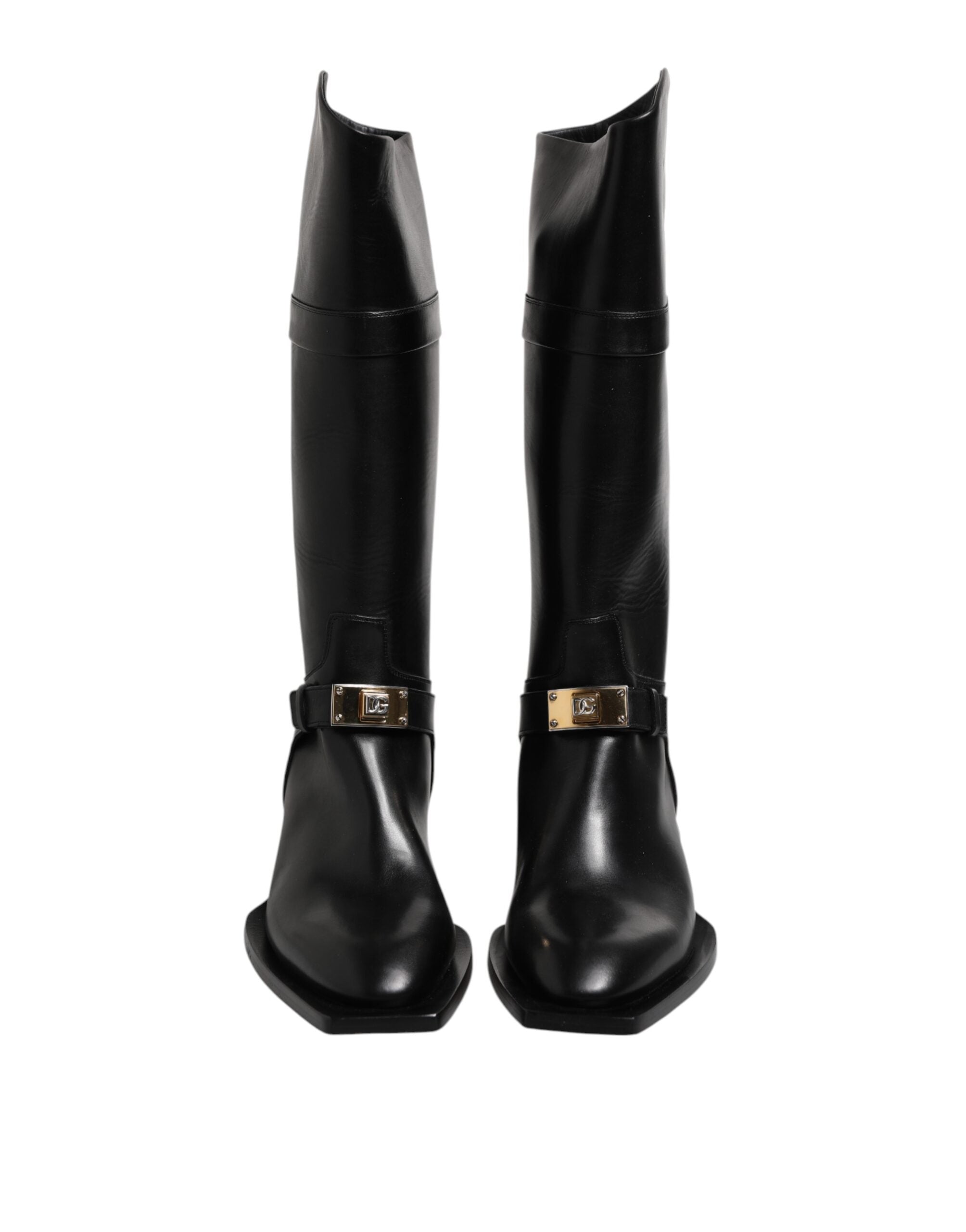 Black Leather High Boots Flats Shoes - ventzia