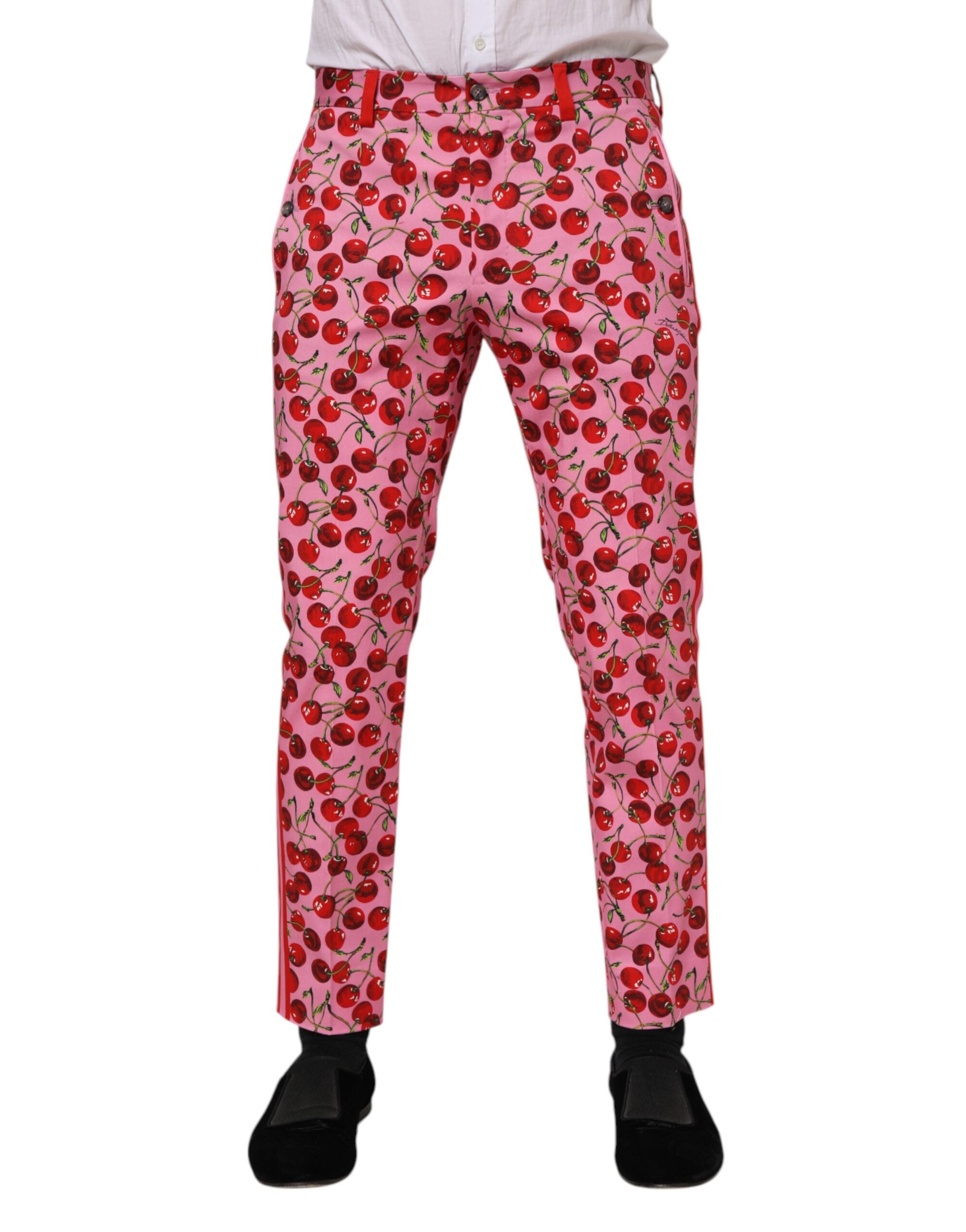 Pink Cherry Print Cotton Dress Pants - ventzia