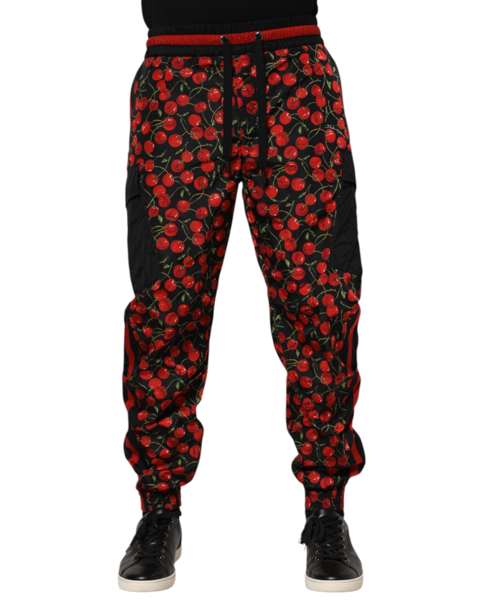 Black Red Cherry Print Men Sweatpants Pants - ventzia