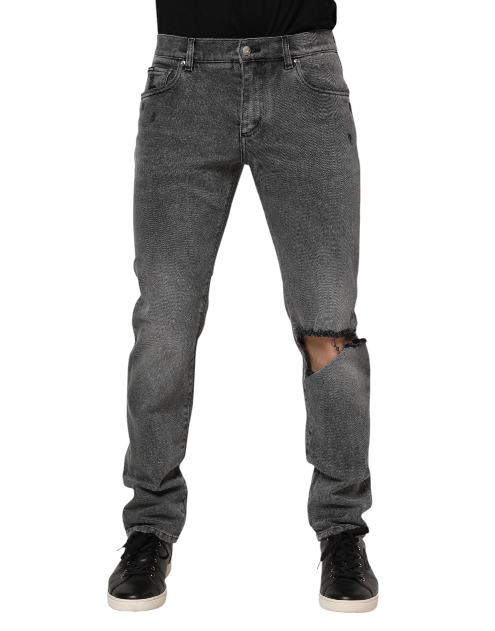 Gray Cotton Logo Plaque Denim Jeans - ventzia