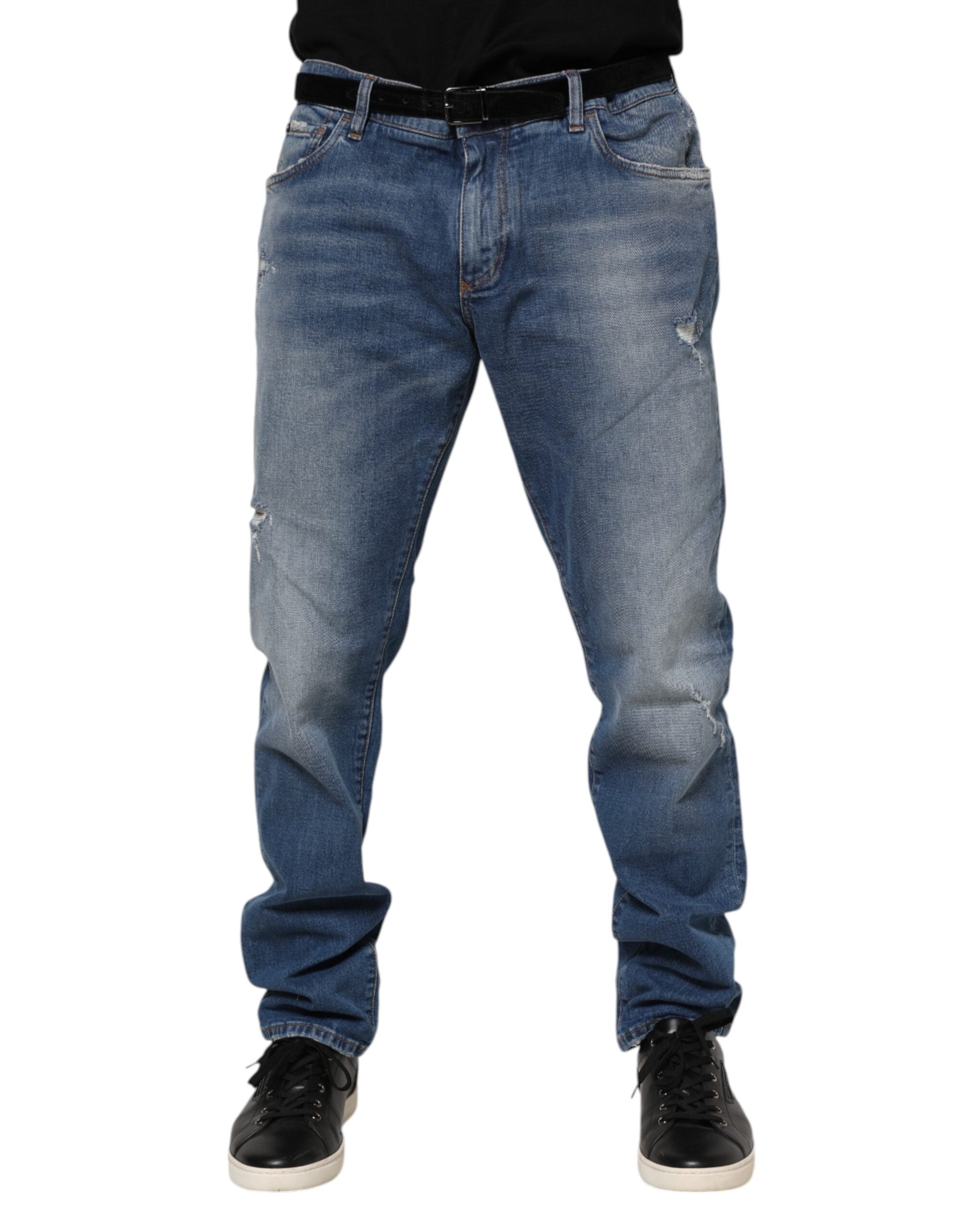 Blue Washed Cotton Logo Plaque Denim Jeans - ventzia