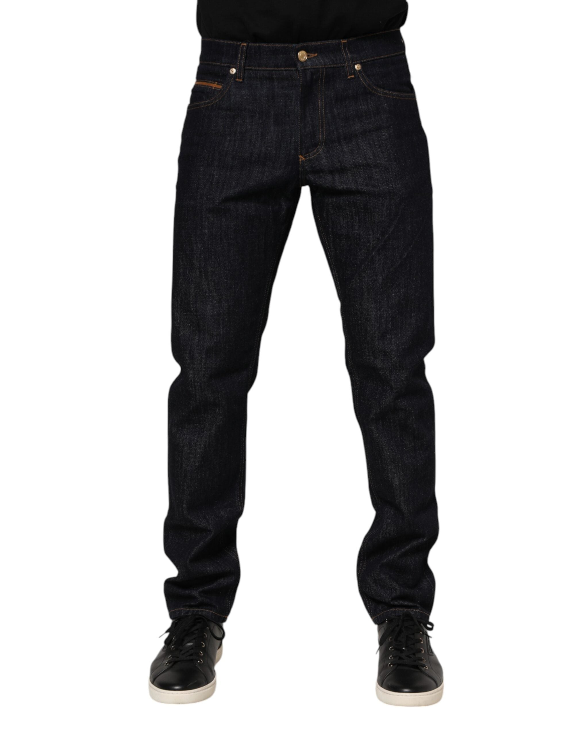 Dark Blue Cotton Logo Plaque Men Denim Jeans - ventzia