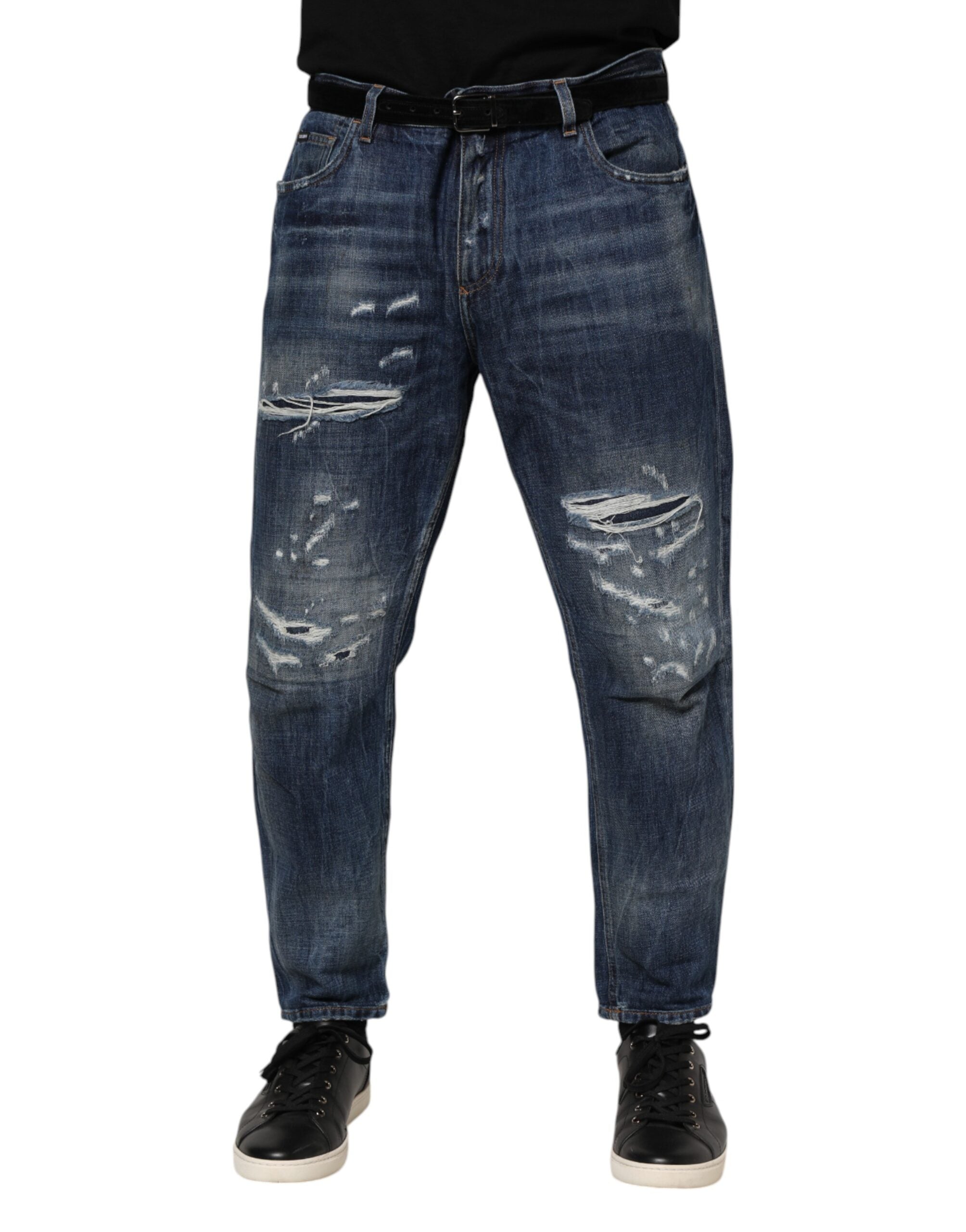 Blue Cotton Tattered Tapered Men Denim Jeans - ventzia