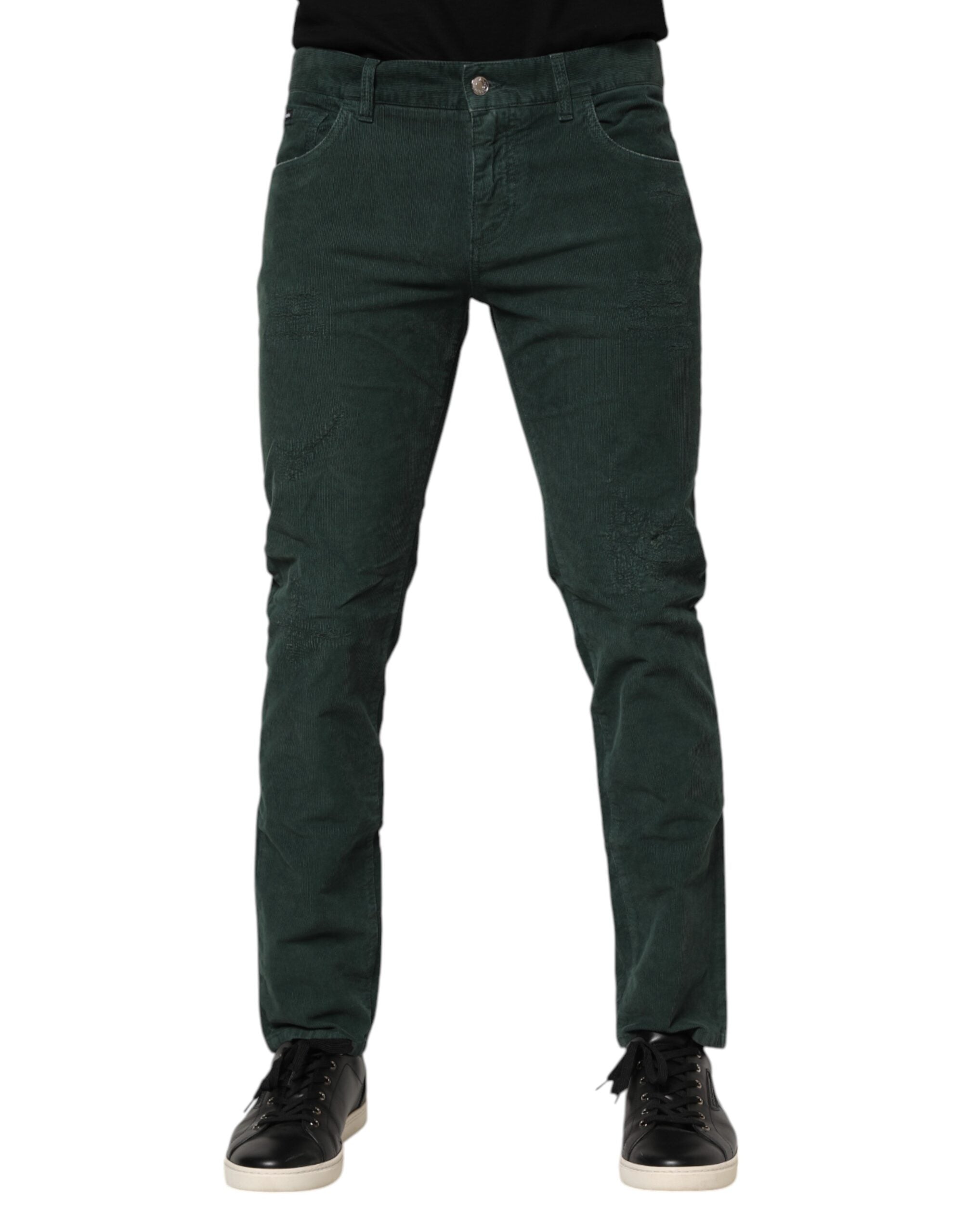Green Cotton Corduroy Skinny Pants - ventzia