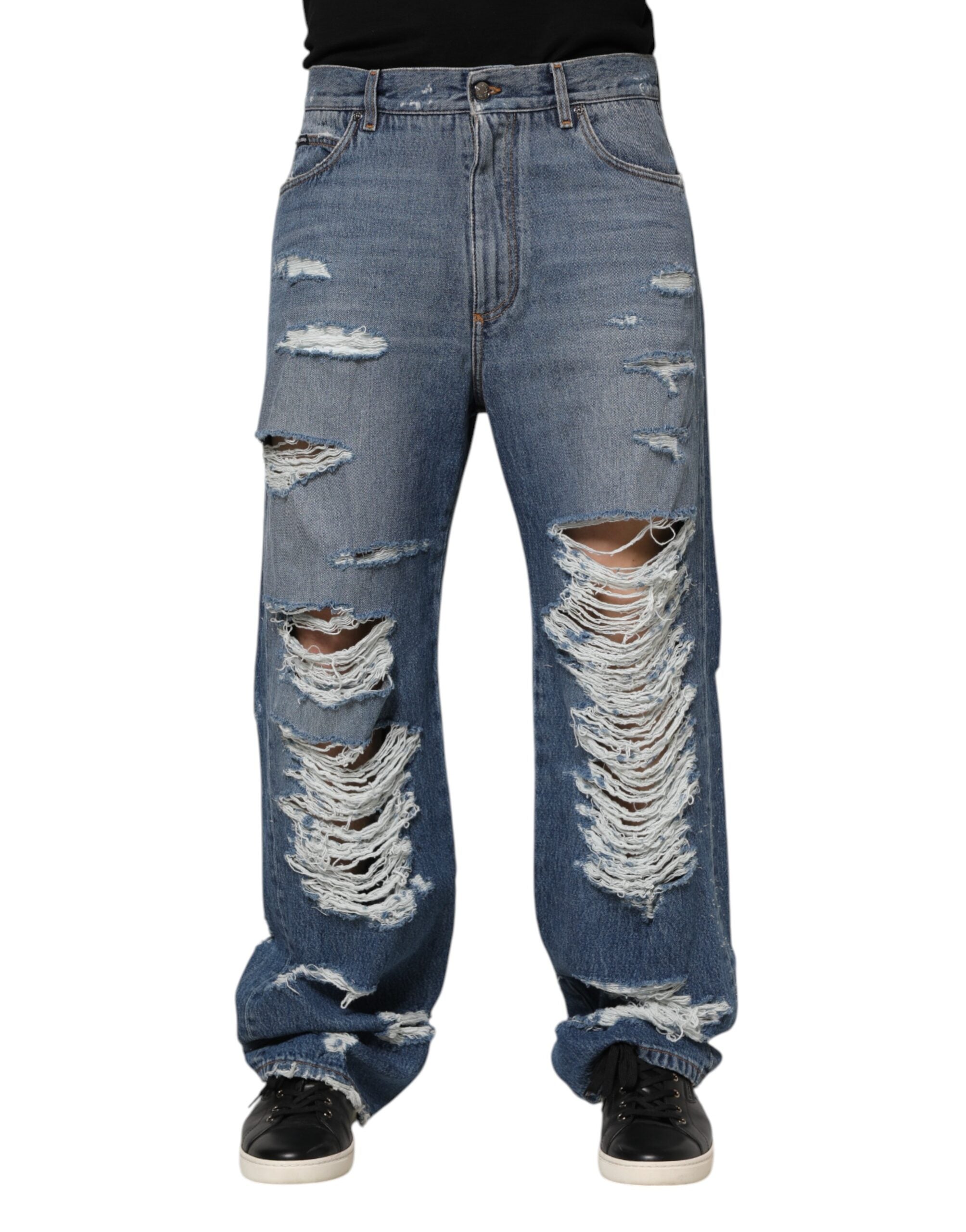 Blue Tattered Cotton Logo Plaque Denim Jeans - ventzia