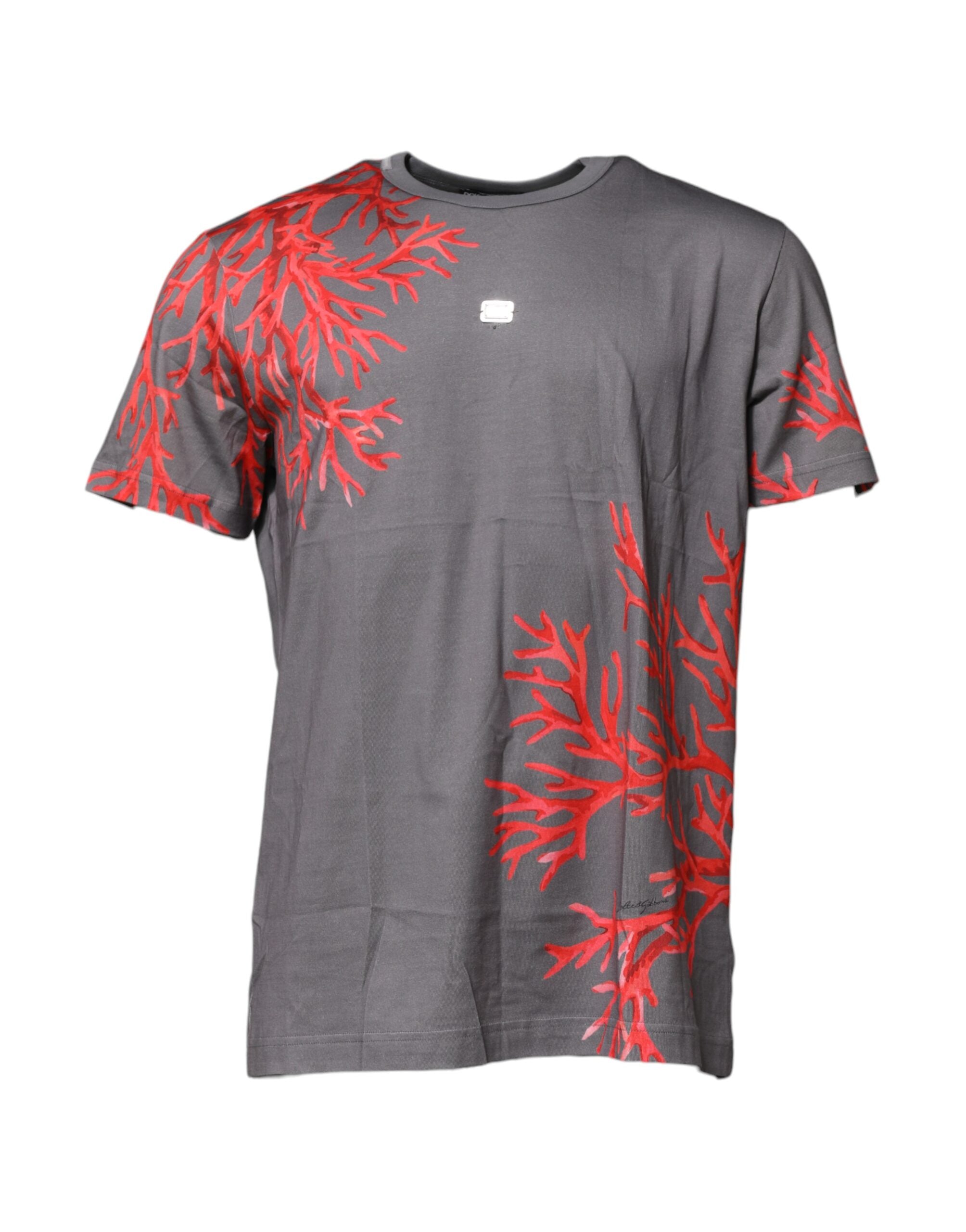 Gray Cotton Coral Print Logo Plaque T-shirt - ventzia