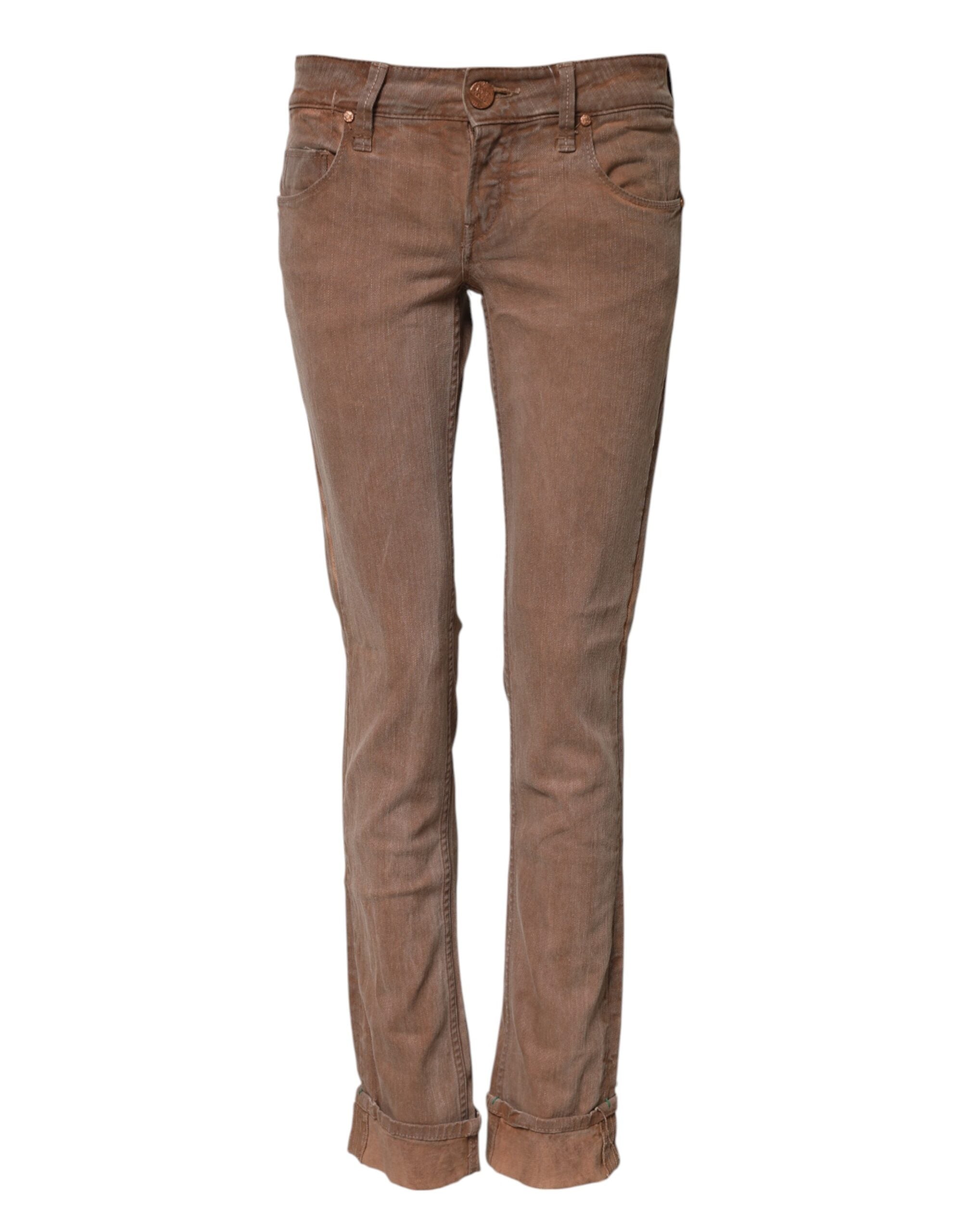 Brown Cotton Slim Fit Denim Low Waist Jeans - ventzia