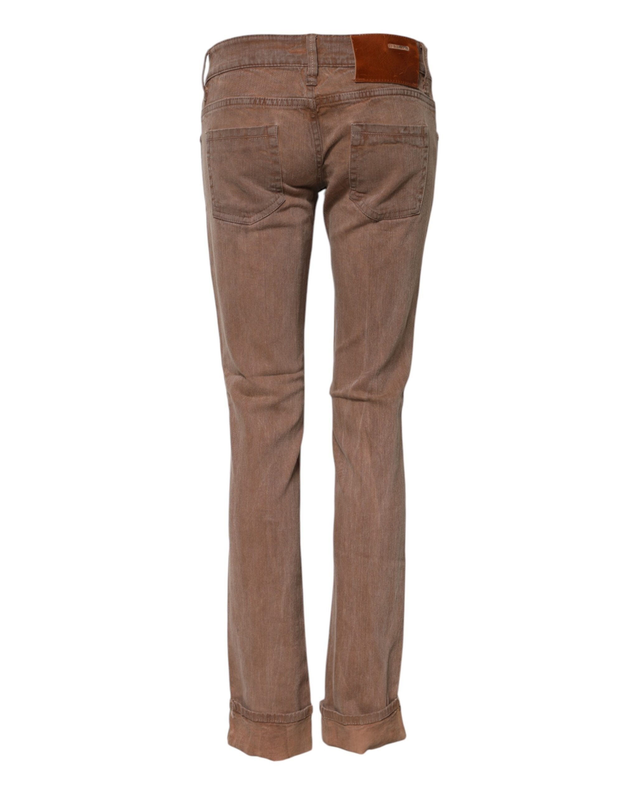 Brown Cotton Slim Fit Denim Low Waist Jeans - ventzia
