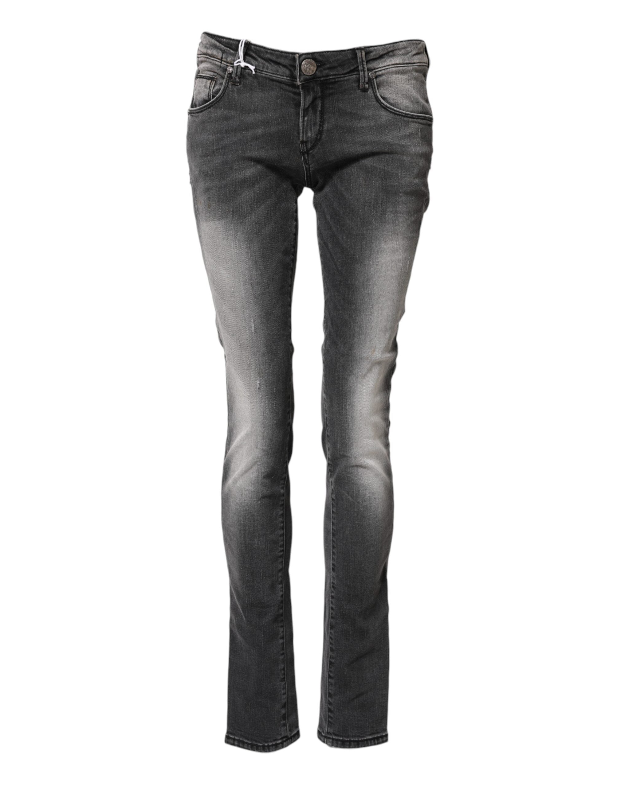 Dark Gray Cotton Slim Fit Denim Low Waist Denim Jeans - ventzia
