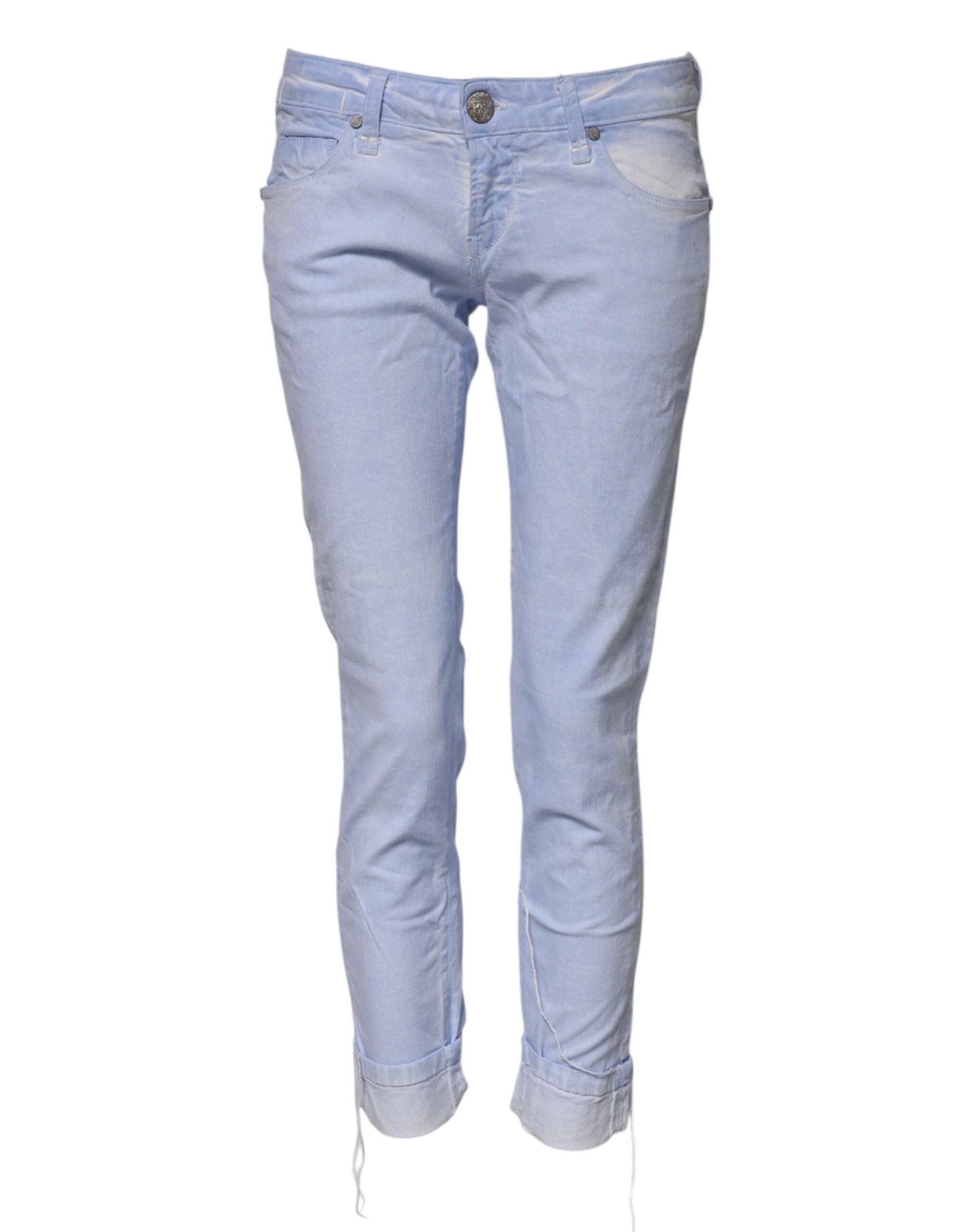 Light Blue Cotton Slim Fit Denim Low Waist Denim Jeans - ventzia