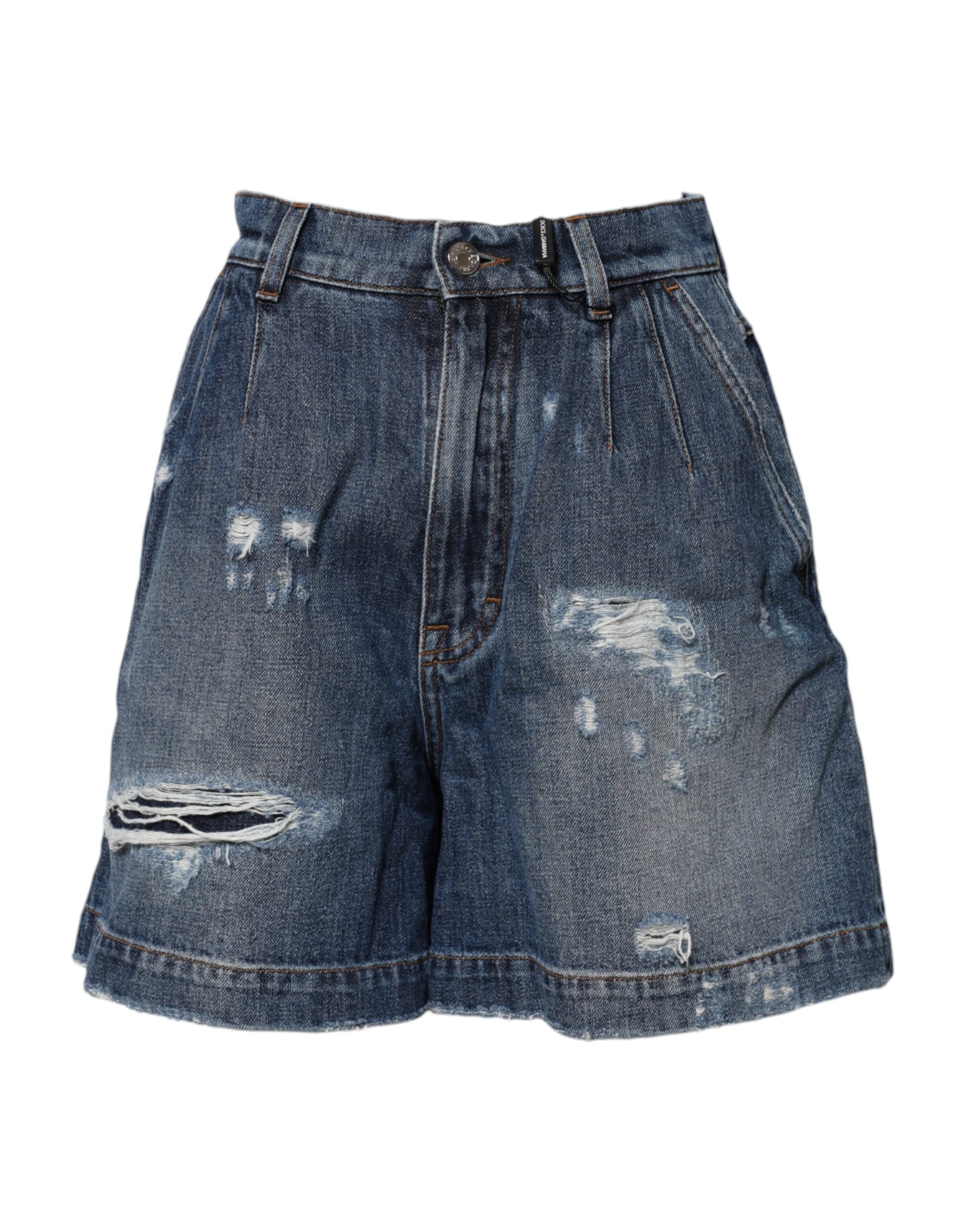 Blue Cotton Tattered Denim Bermuda Shorts - ventzia