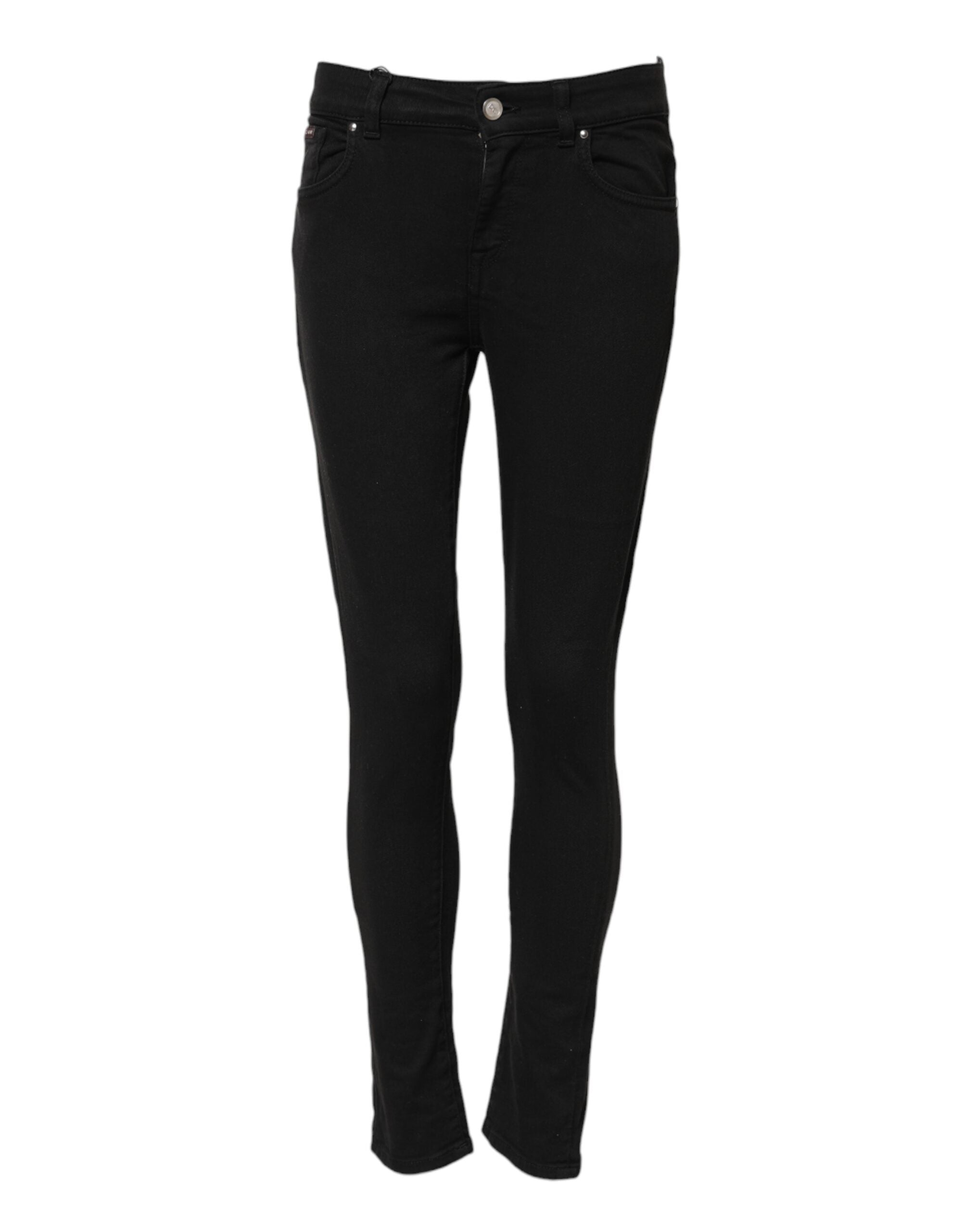 Black Cotton Skinny Mid Waist Denim Jeans - ventzia