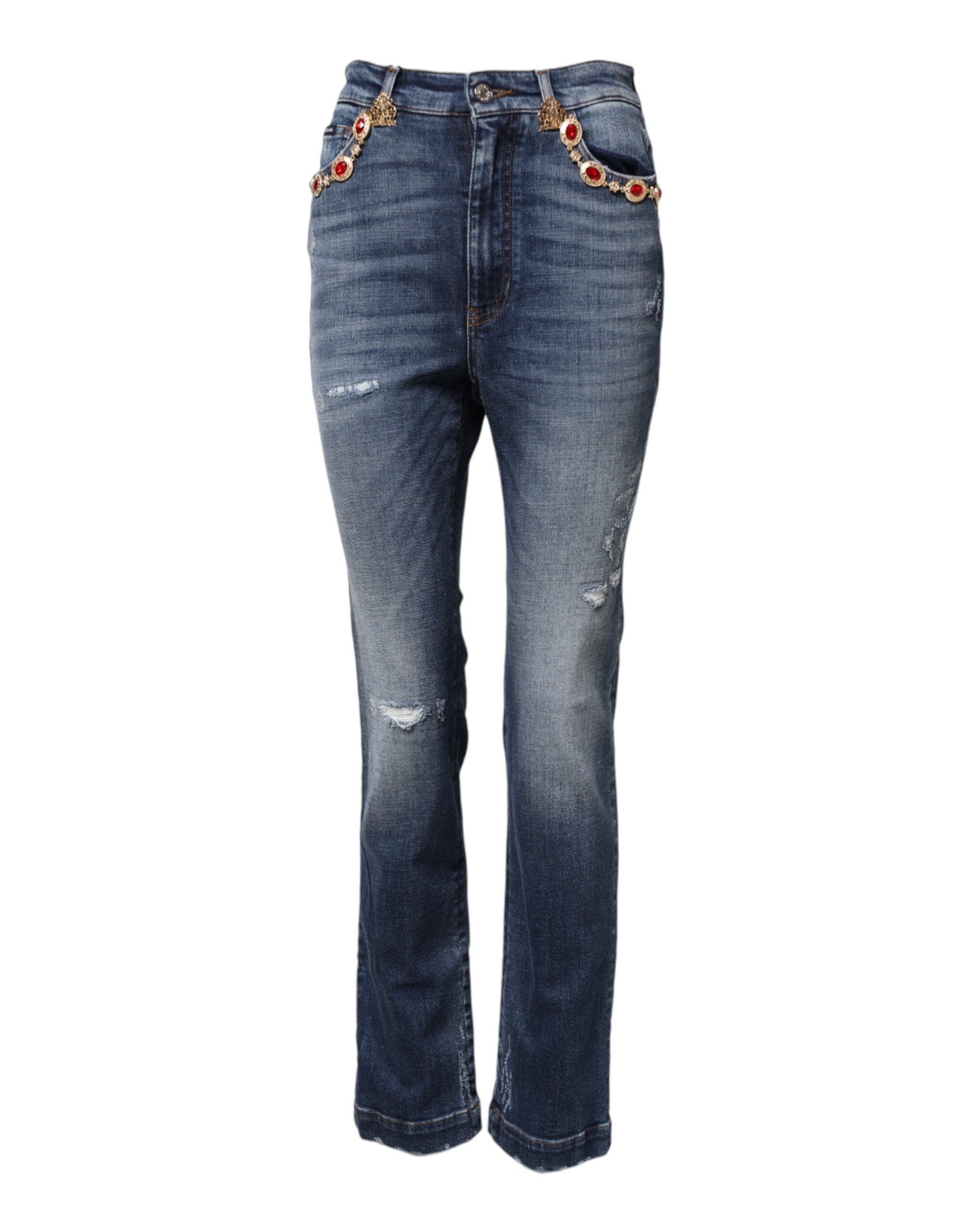 Blue Rhinestone Embellished Denim Jeans - ventzia