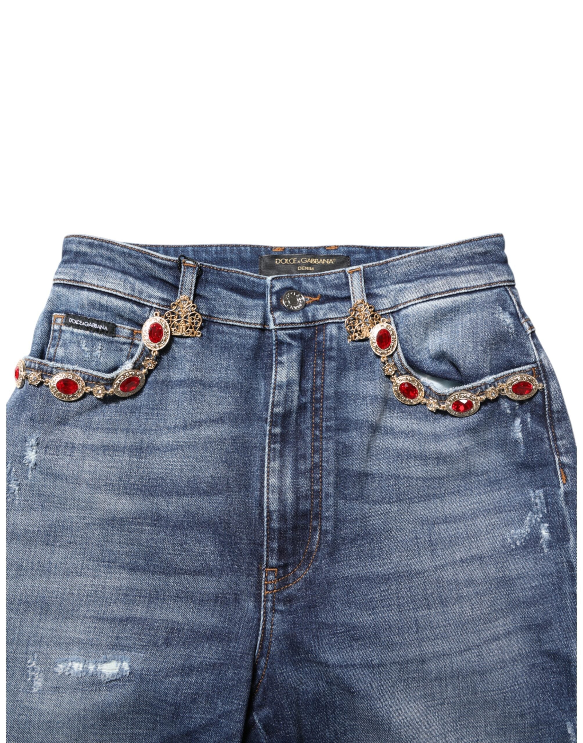 Blue Rhinestone Embellished Denim Jeans - ventzia