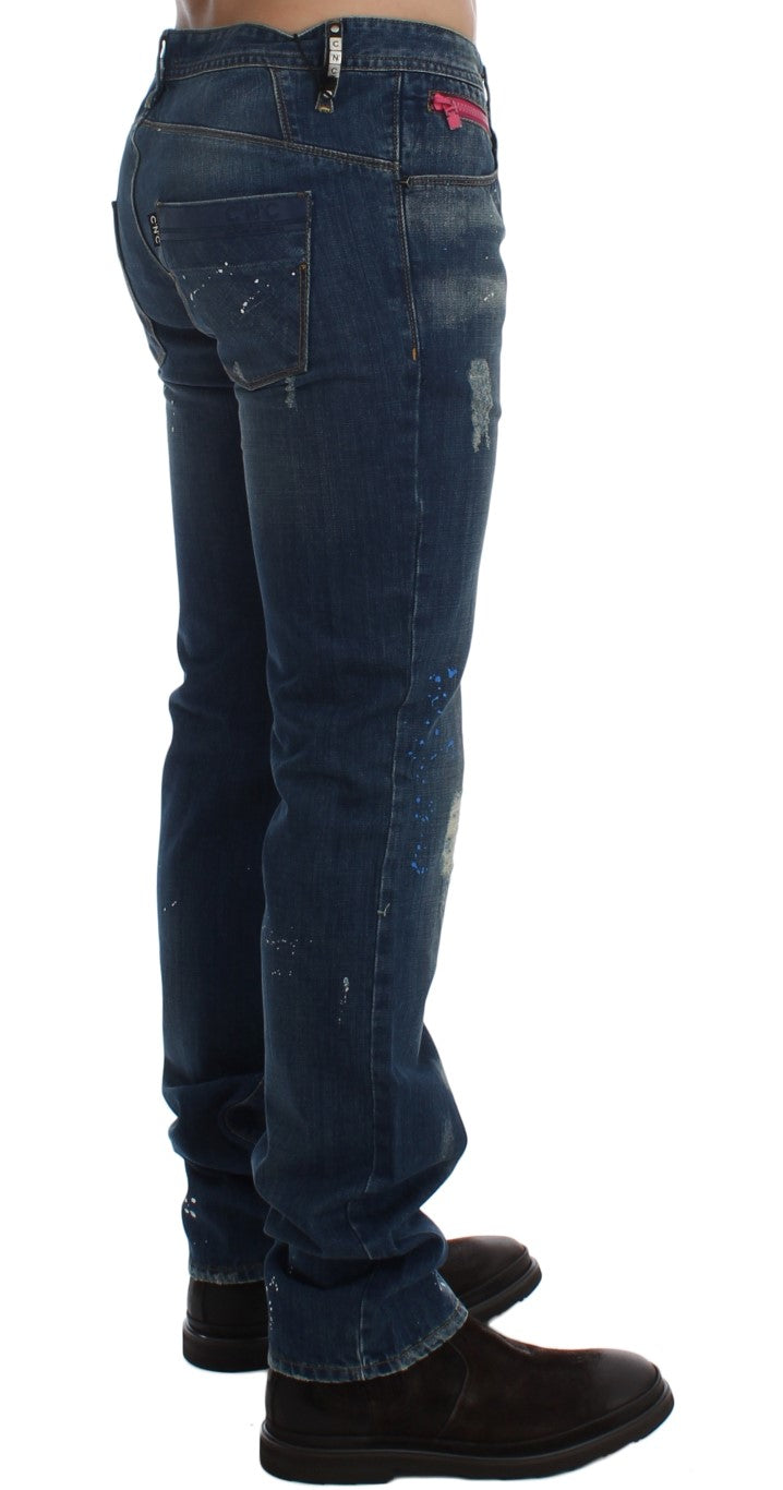 Chic Blue Wash Painted Slim Fit Jeans - ventzia