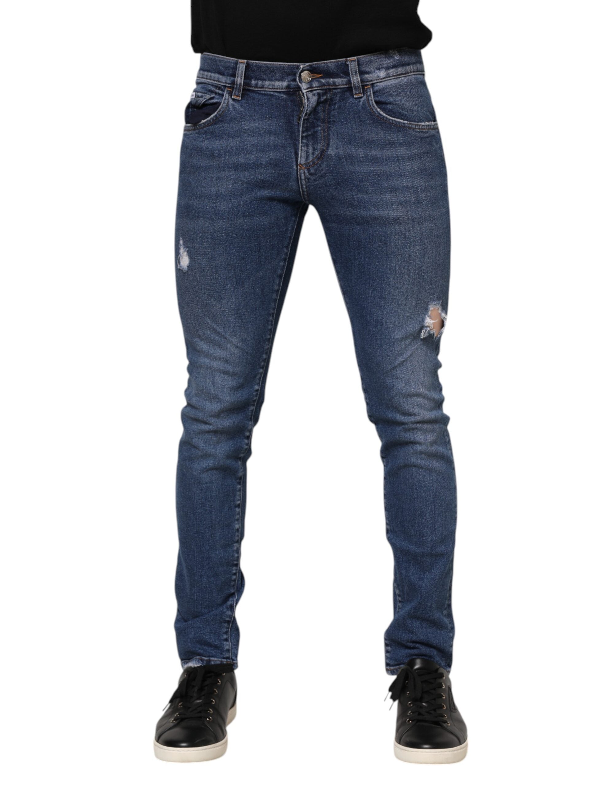 Blue Washed Skinny Cotton Tattered Denim Jeans - ventzia